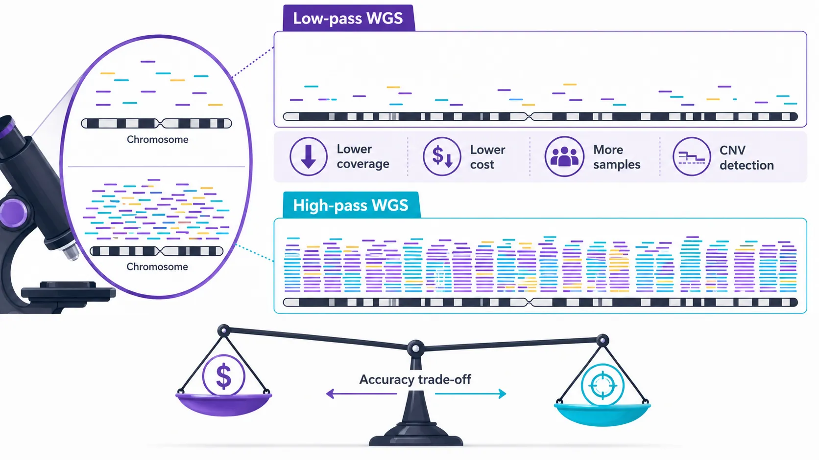 Low-pass whole genome sequencing coverage comparison showing sparse low-pass reads, deeper high-pass reads, imputation, and the cost-accuracy tradeoff.