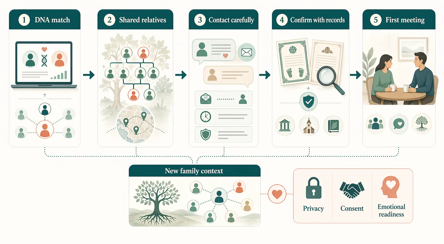 Workflow showing how a DNA match can lead to shared relatives, careful contact, record confirmation, and a first meeting with privacy and consent in mind.