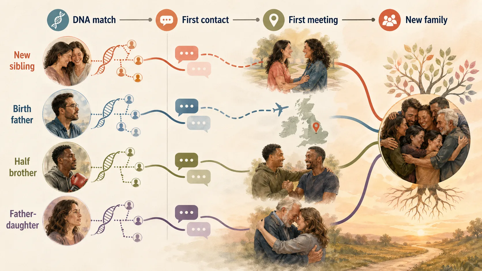 DNA reunion timeline showing matches leading to new siblings, birth fathers, half siblings, first contact, first meetings, and new family connections.