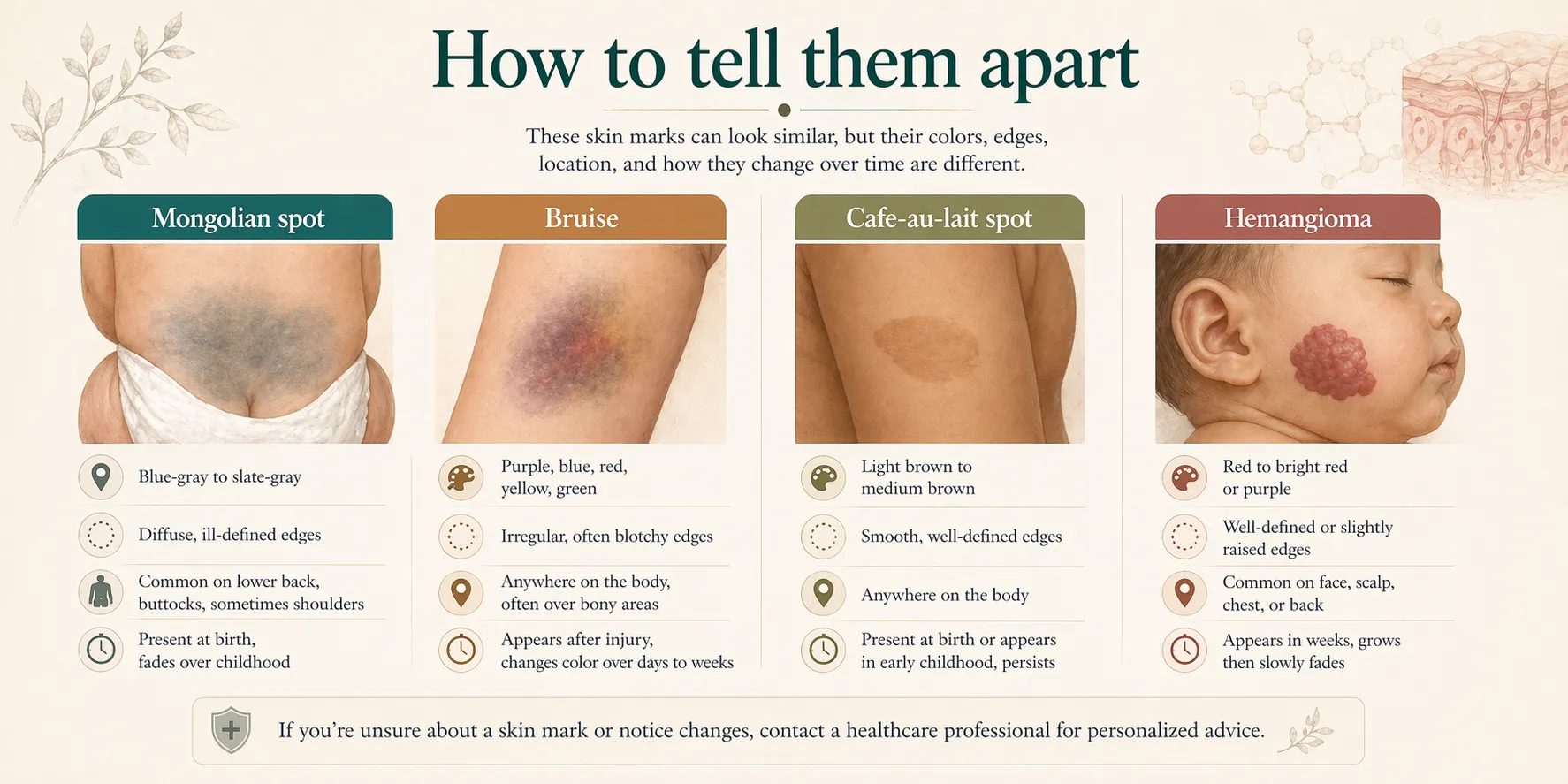 Comparison board showing how Mongolian spots differ from bruises, cafe-au-lait spots, and hemangiomas.