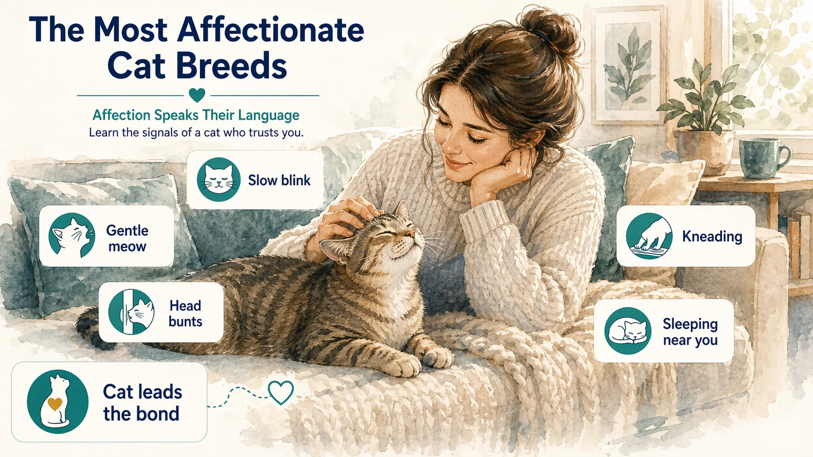 Editorial illustration showing cat affection signals such as slow blink, gentle meow, head bunts, kneading, and sleeping nearby.