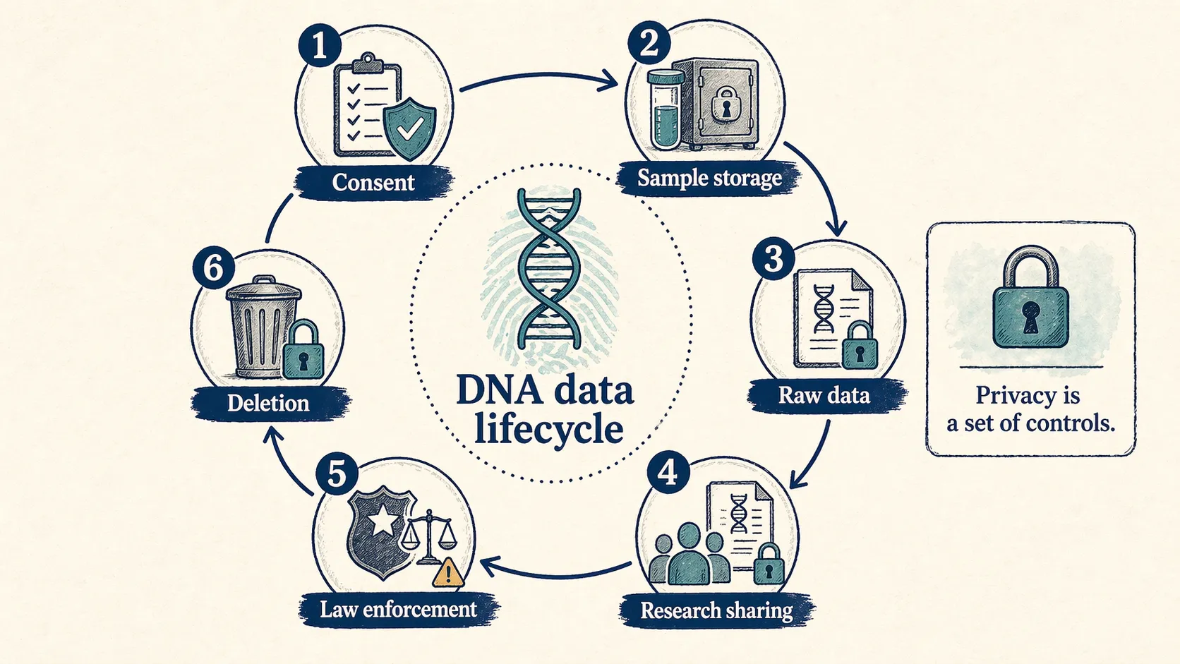 DNA data lifecycle infographic showing consent, sample storage, raw data, research sharing, law enforcement, and deletion controls.