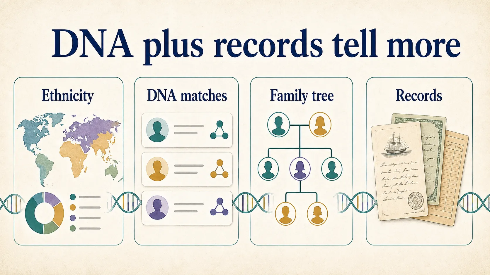MyHeritage DNA review graphic showing ethnicity, DNA matches, family tree, and records working together.