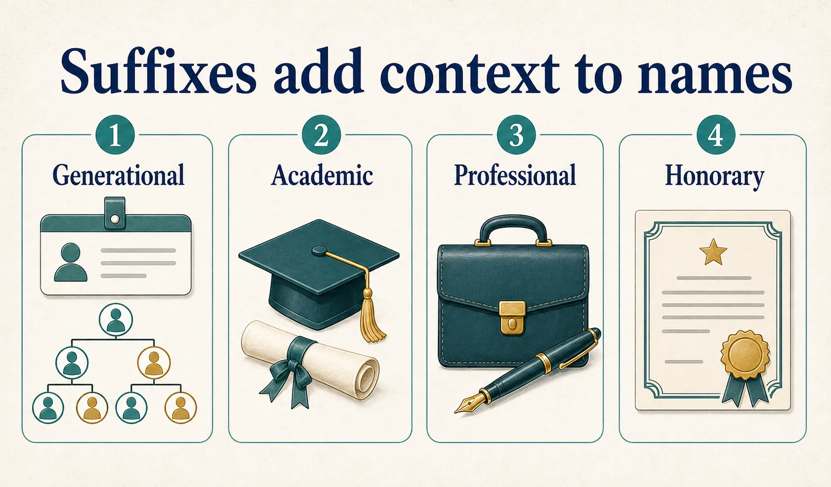 Name suffix graphic showing generational, academic, professional, and honorary suffix categories.