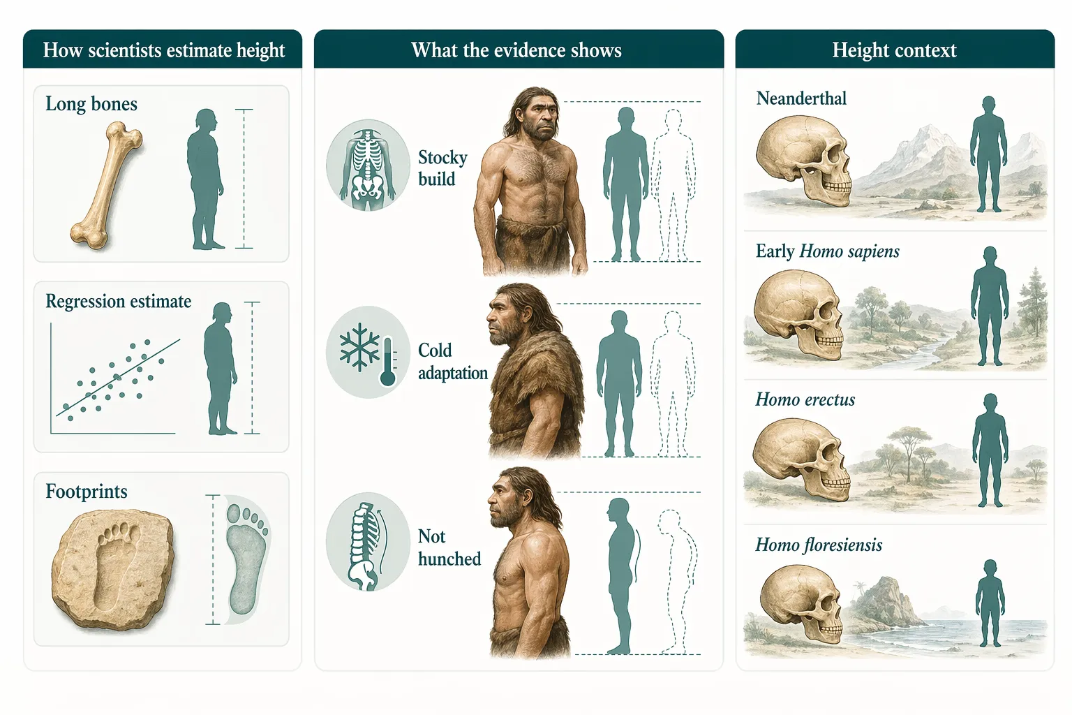 Educational figure showing how scientists estimate Neanderthal height from long bones and footprints, and why Neanderthals were stocky rather than hunched.