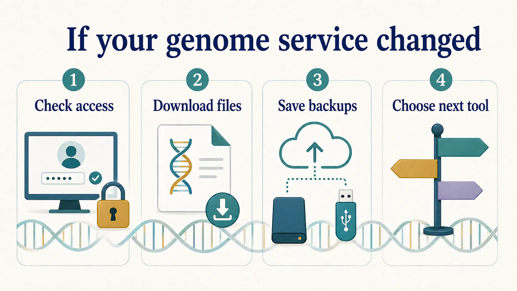 Nebula Genomics review graphic showing steps to check access, download files, save backups, and choose a next tool.