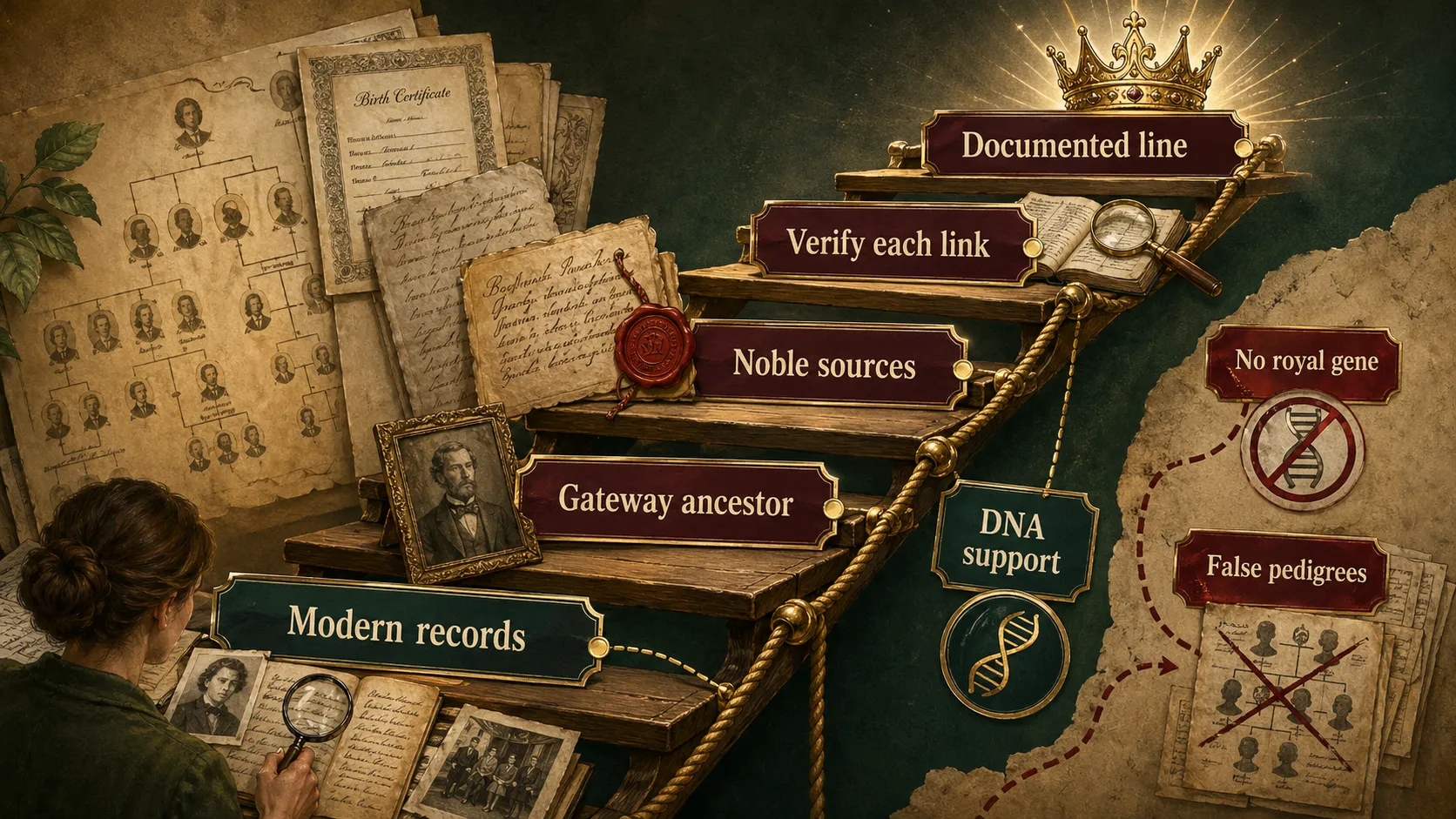 Royal genealogy proof ladder showing modern records, gateway ancestors, noble sources, DNA support, verified links, false-pedigree risks, and documented lines.