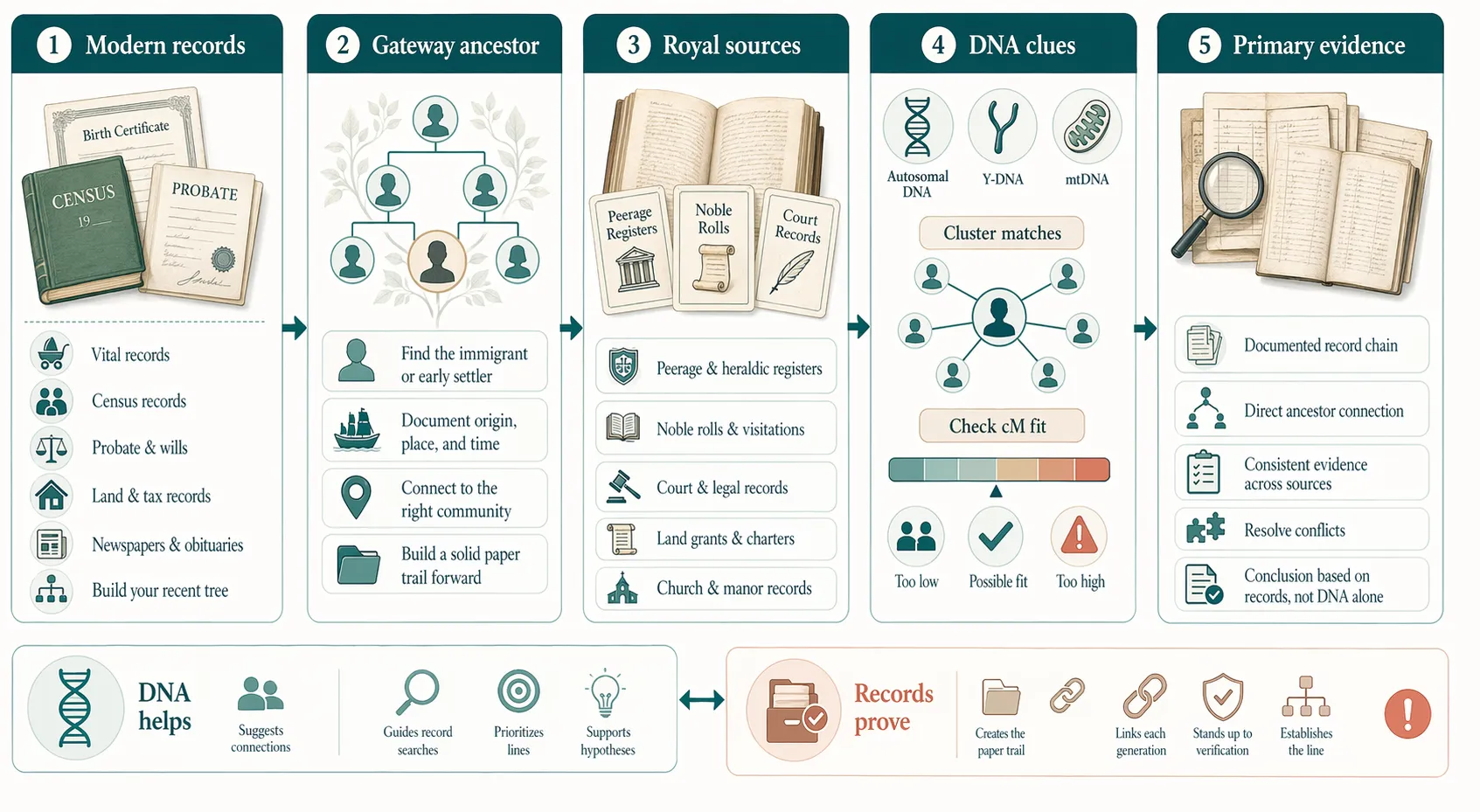 Genealogy workflow showing that DNA can suggest royal ancestry connections, but records and primary evidence prove the lineage.