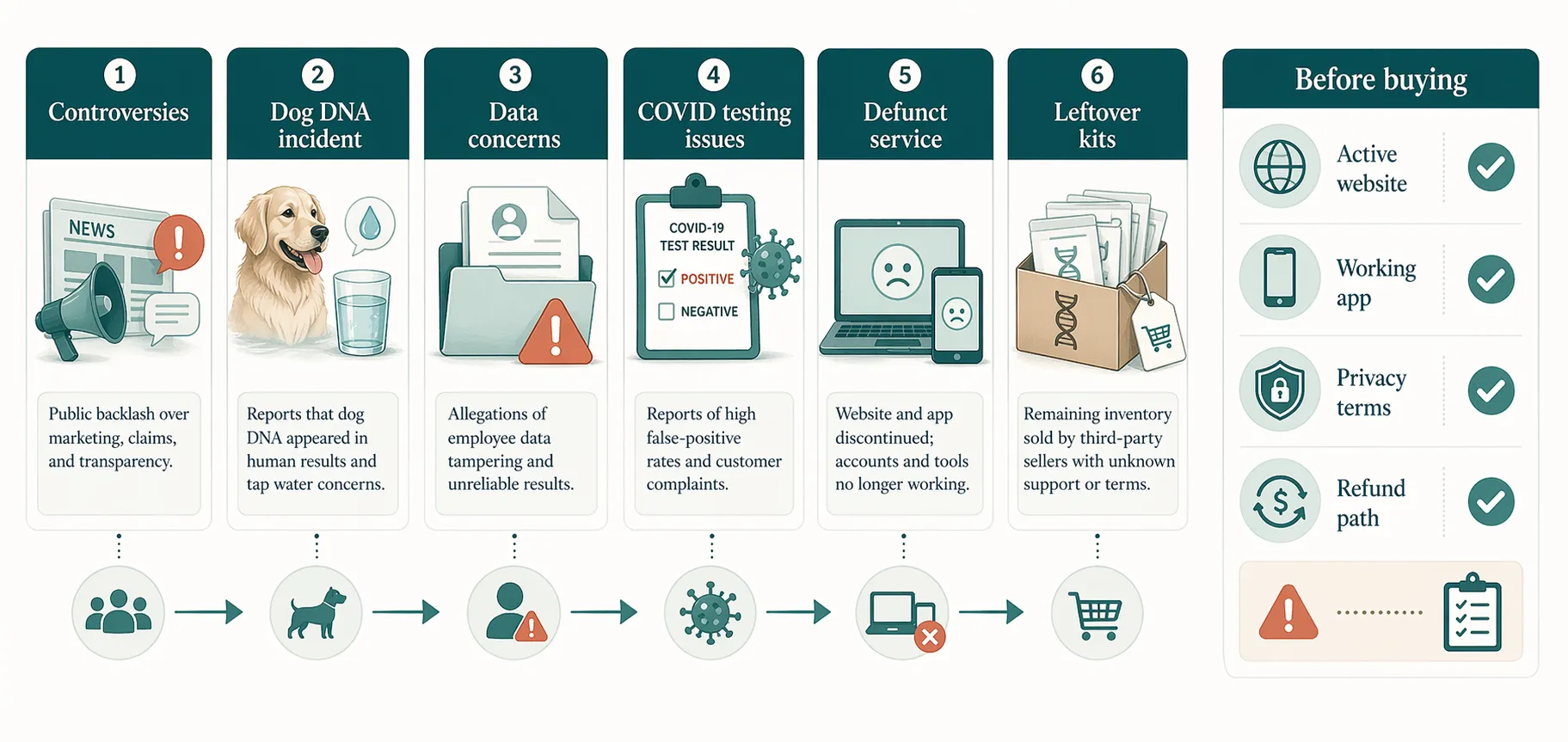 Caution timeline showing Orig3n controversies, defunct service issues, leftover kits, and checks to make before buying.
