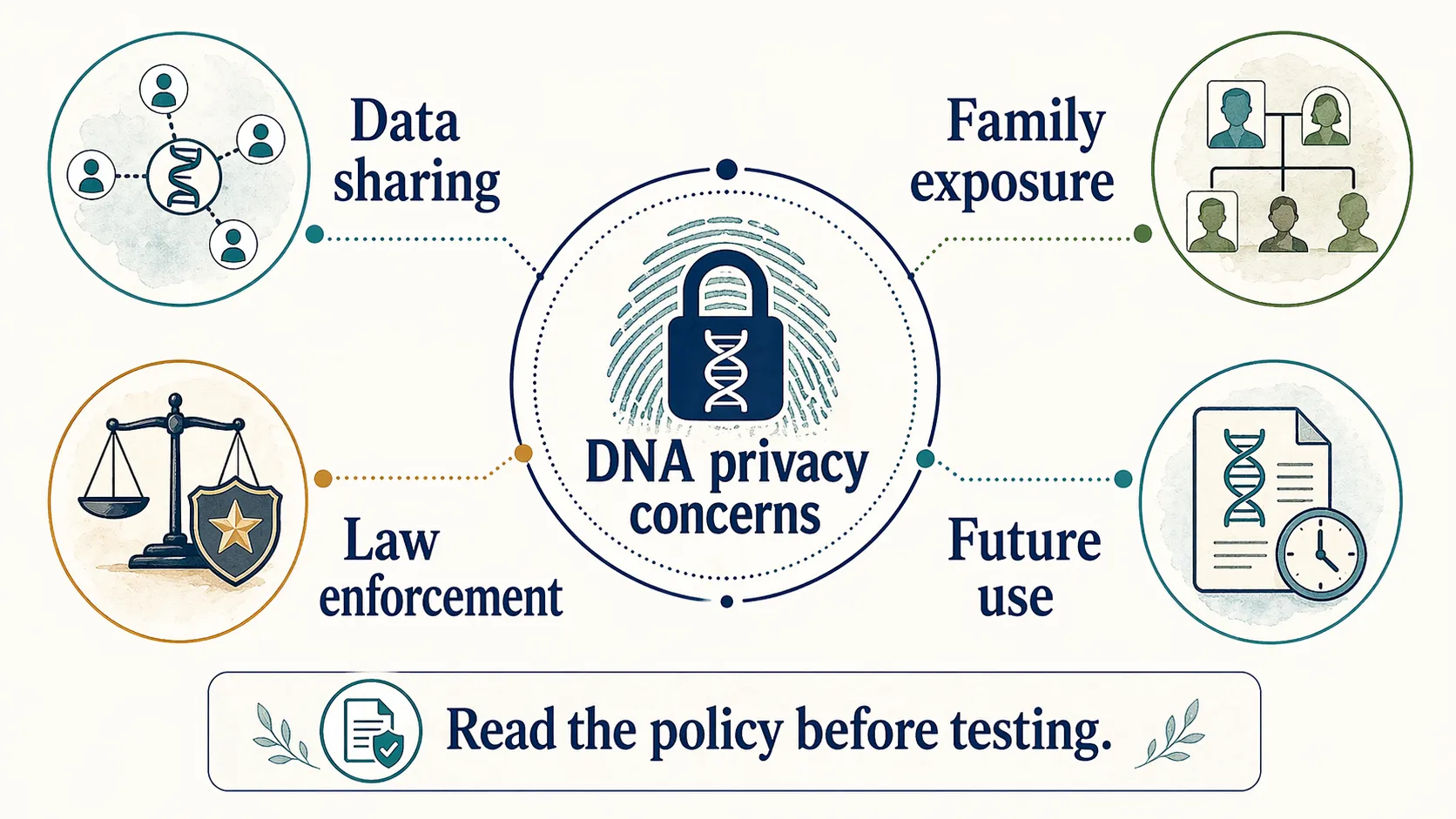 DNA privacy concerns infographic showing data sharing, family exposure, law enforcement, and future use.