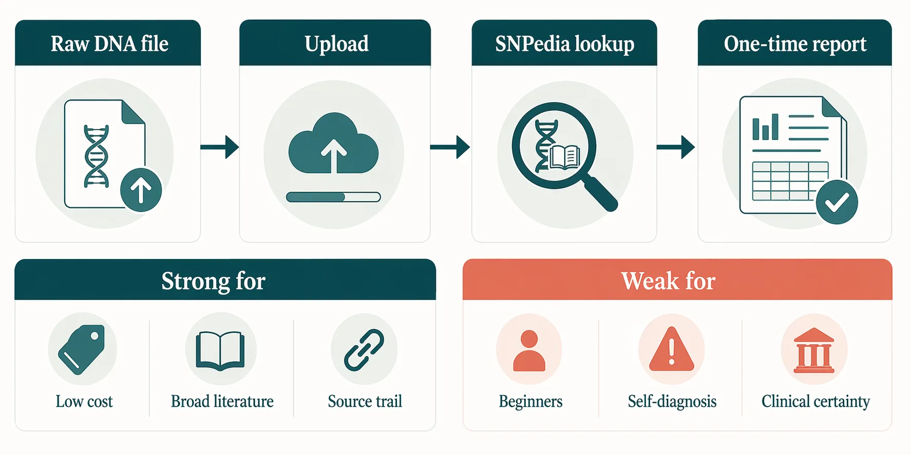 Workflow and limits board showing raw DNA upload, SNPedia lookup, a one-time report, and where Promethease is strong or weak.