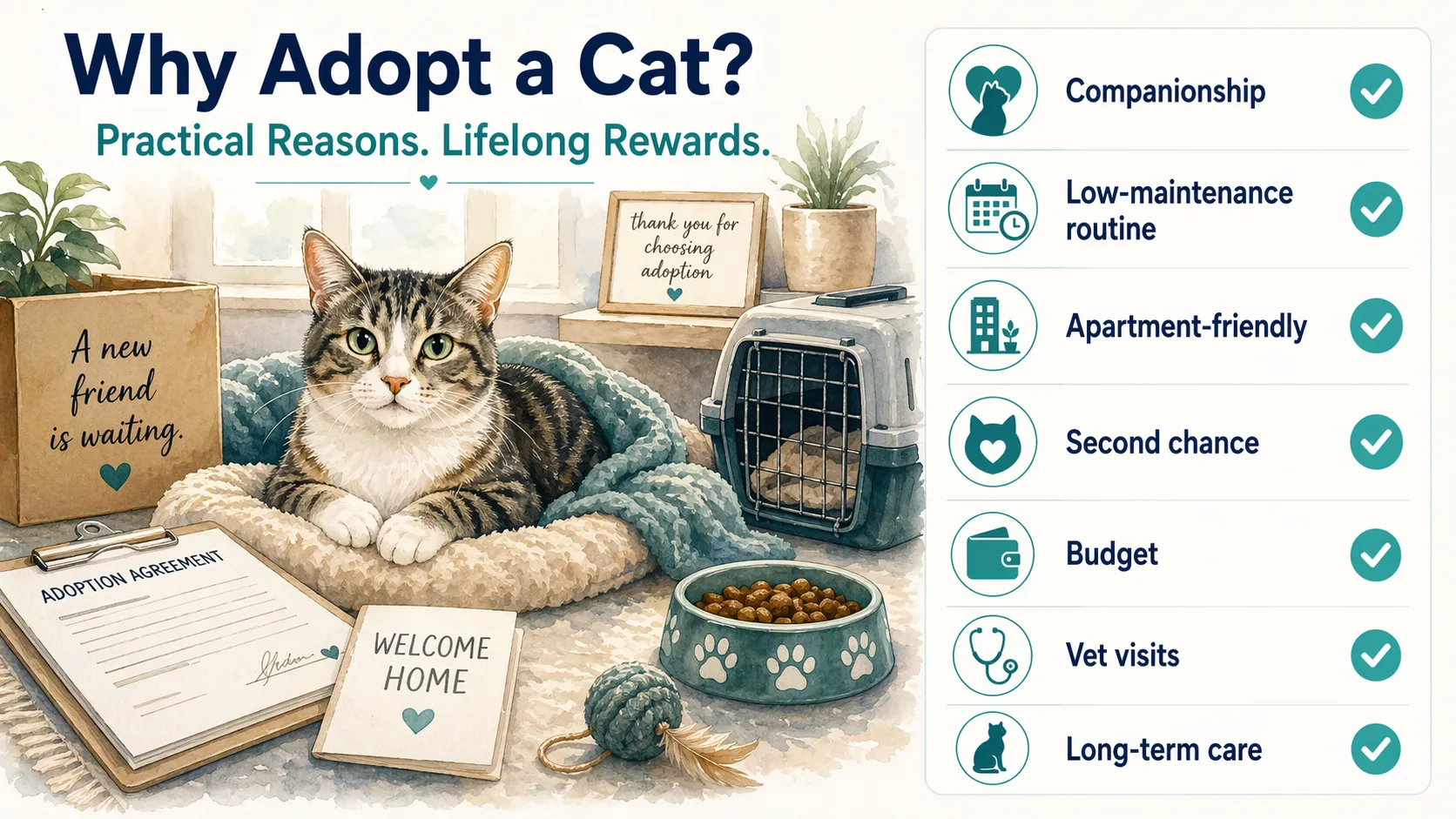 Adoption planning illustration showing companionship, routine, apartment fit, budget, vet visits, and long-term care.