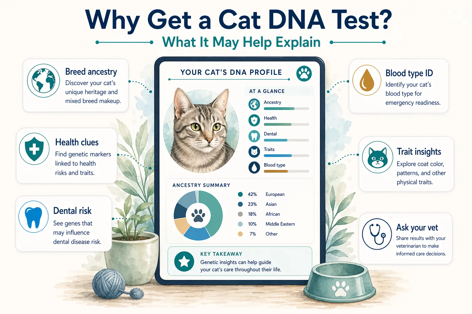 Cat DNA profile showing breed ancestry, health clues, dental risk, blood type ID, trait insights, and veterinary follow-up.