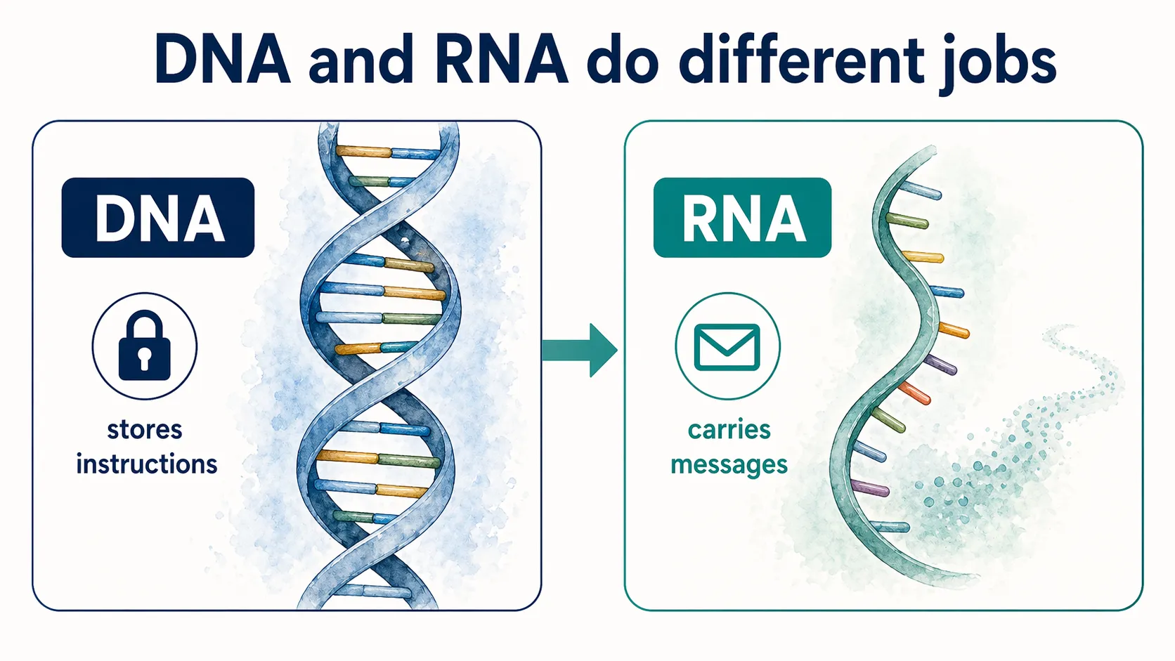 Simple comparison showing DNA stores instructions while RNA carries messages.