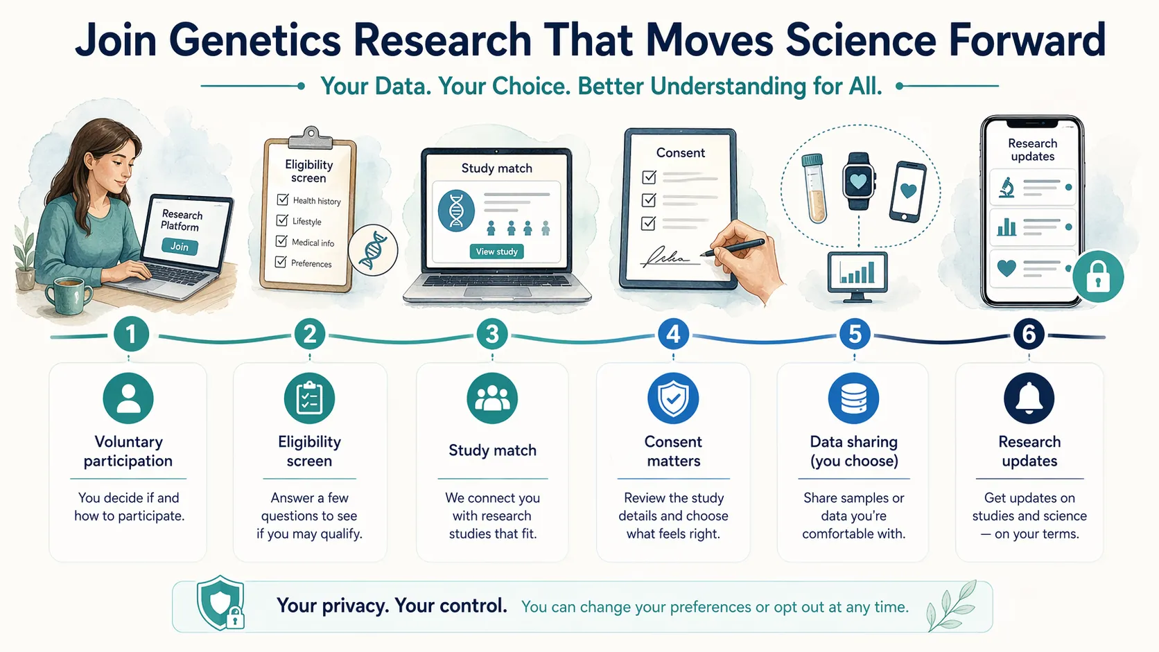 Research participation pathway showing study match, eligibility screen, consent, data sharing, research updates, and voluntary participation.