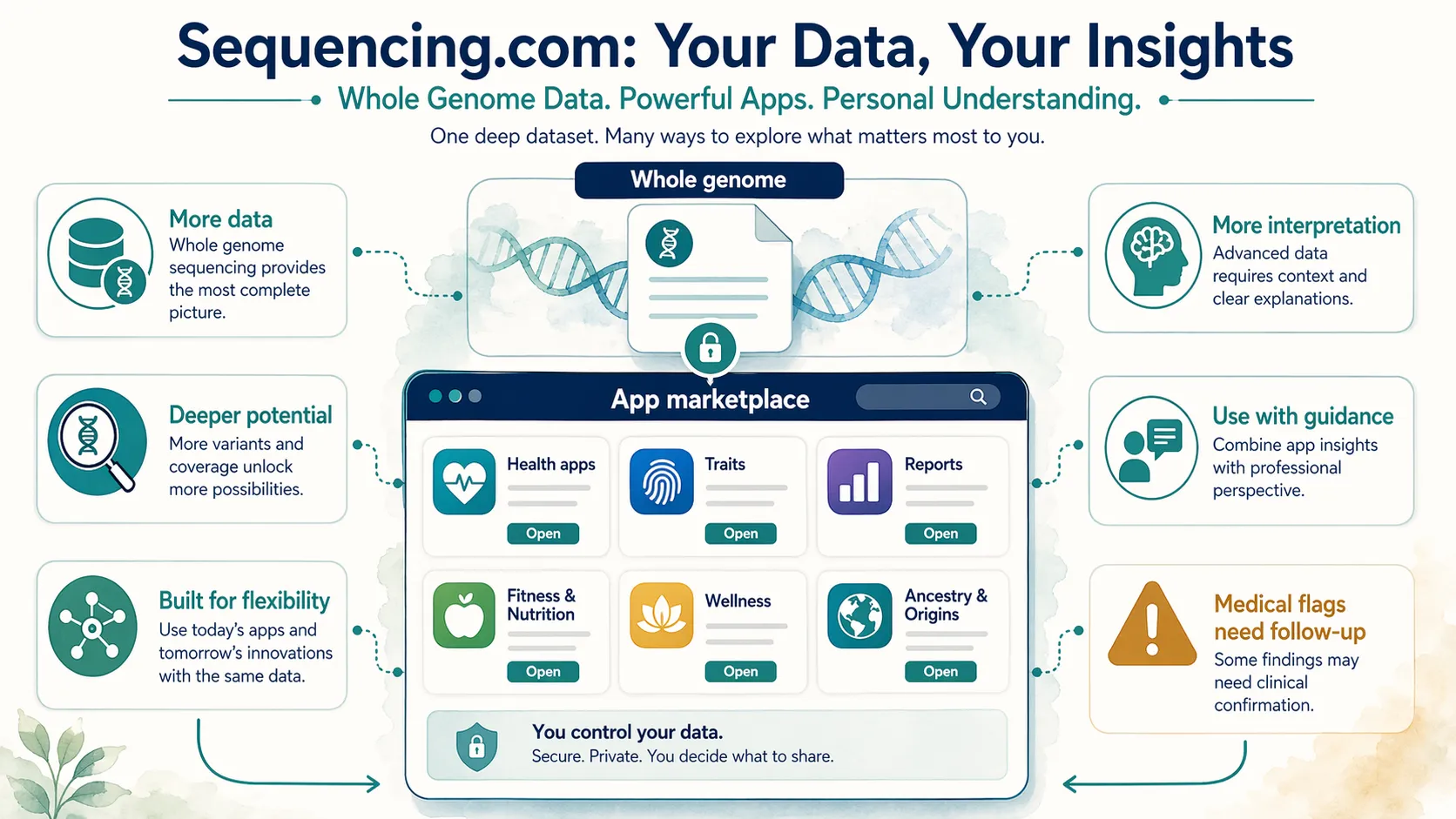 Whole-genome platform map showing genome data flowing into apps, reports, health apps, trait apps, and interpretation needs.