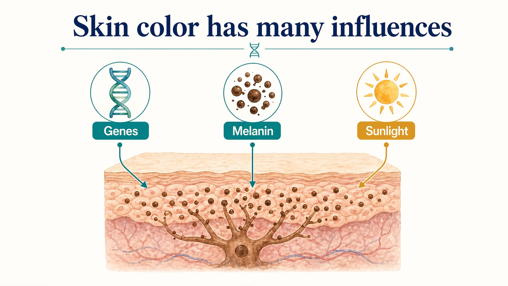Skin color graphic showing genes, melanin, and sunlight as influences on pigmentation.