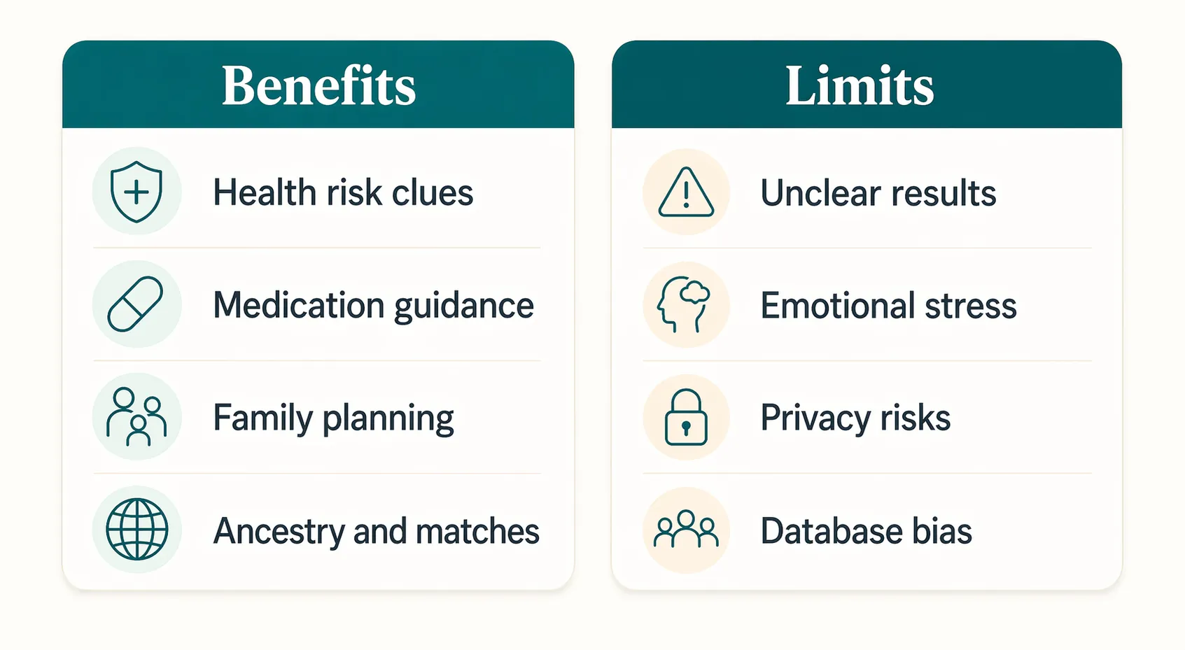 Comparison of major benefits and major limits of genetic testing