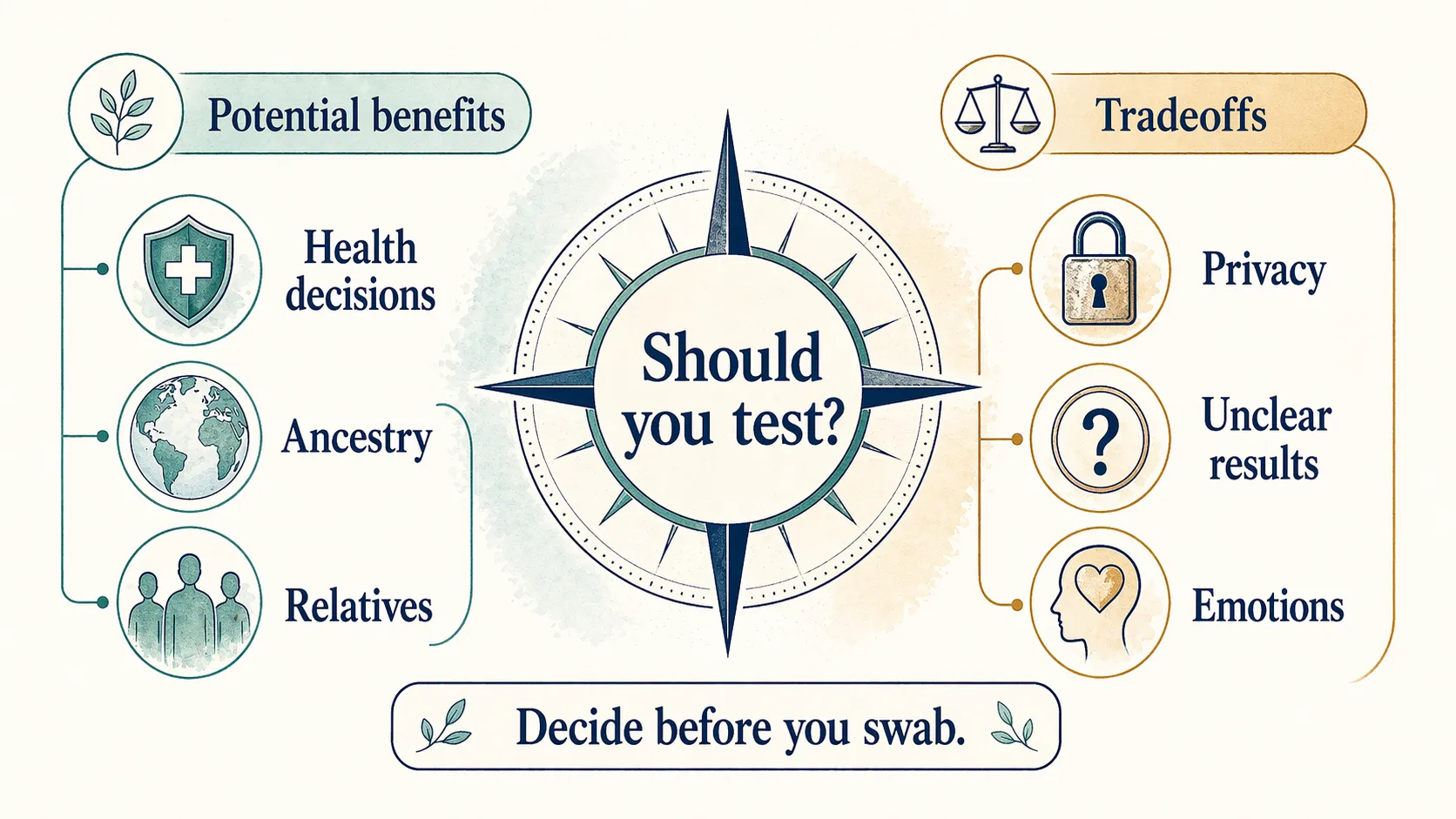 Decision infographic weighing potential benefits of DNA testing against tradeoffs such as privacy, unclear results, and emotions.