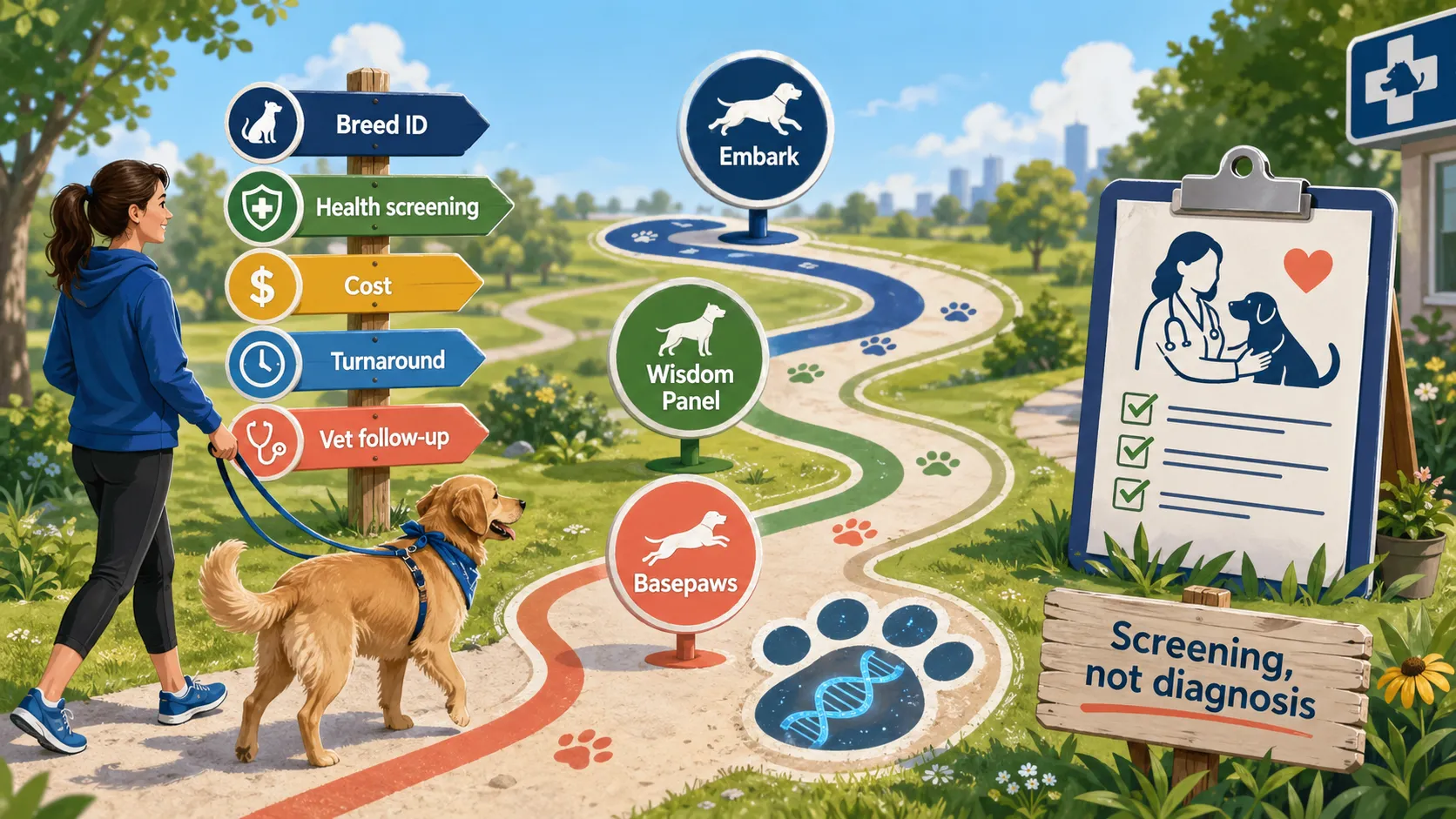 Dog DNA test decision trail showing breed ID, health screening, cost, turnaround, vet follow-up, and Embark, Wisdom Panel, and Basepaws decision points.