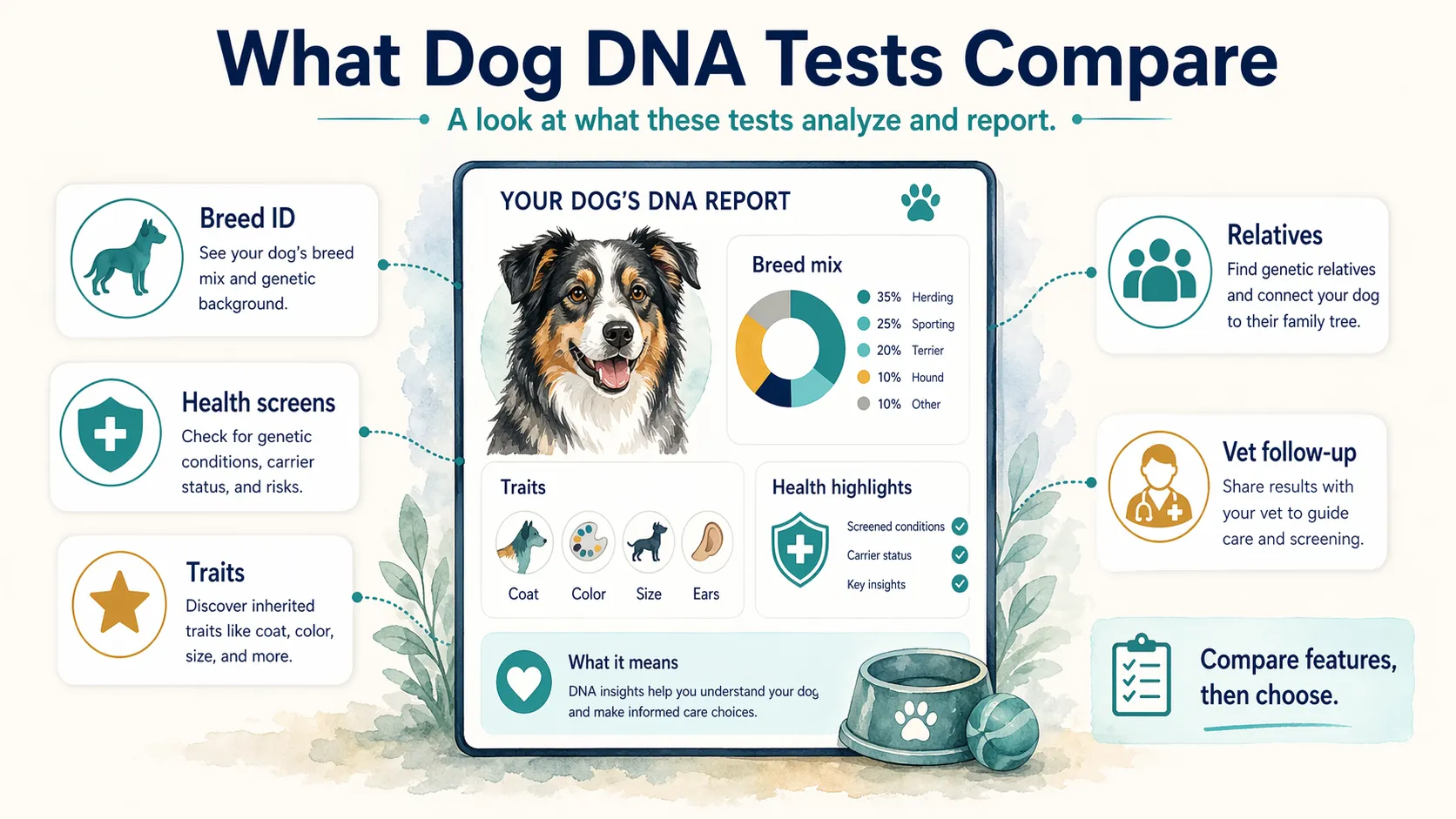 Dog DNA explainer showing core features to compare, including breed ID, health screens, traits, relatives, and vet follow-up.
