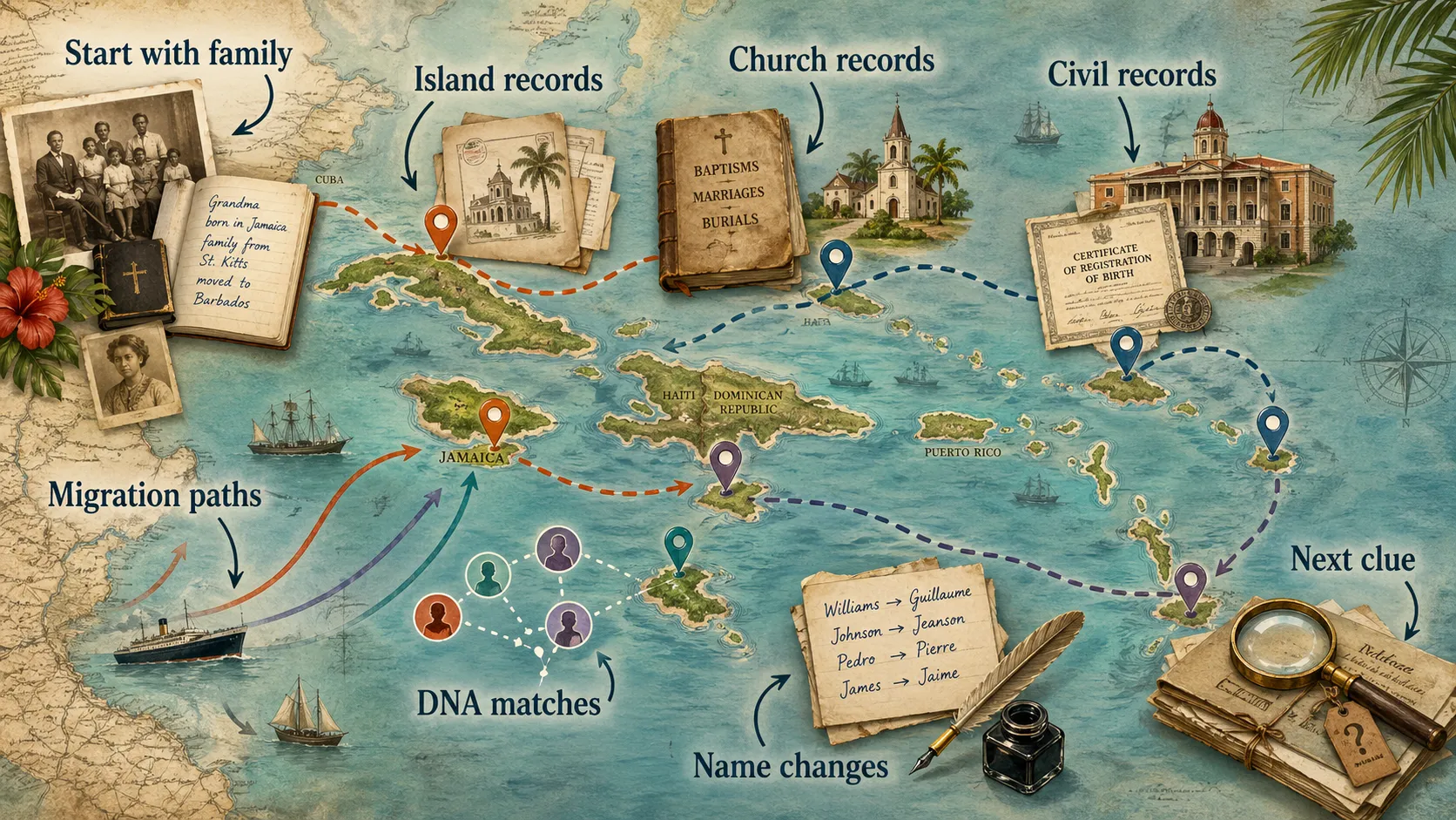 Caribbean ancestry research map showing family records, island records, church records, civil records, migration paths, DNA matches, name changes, and next clues.