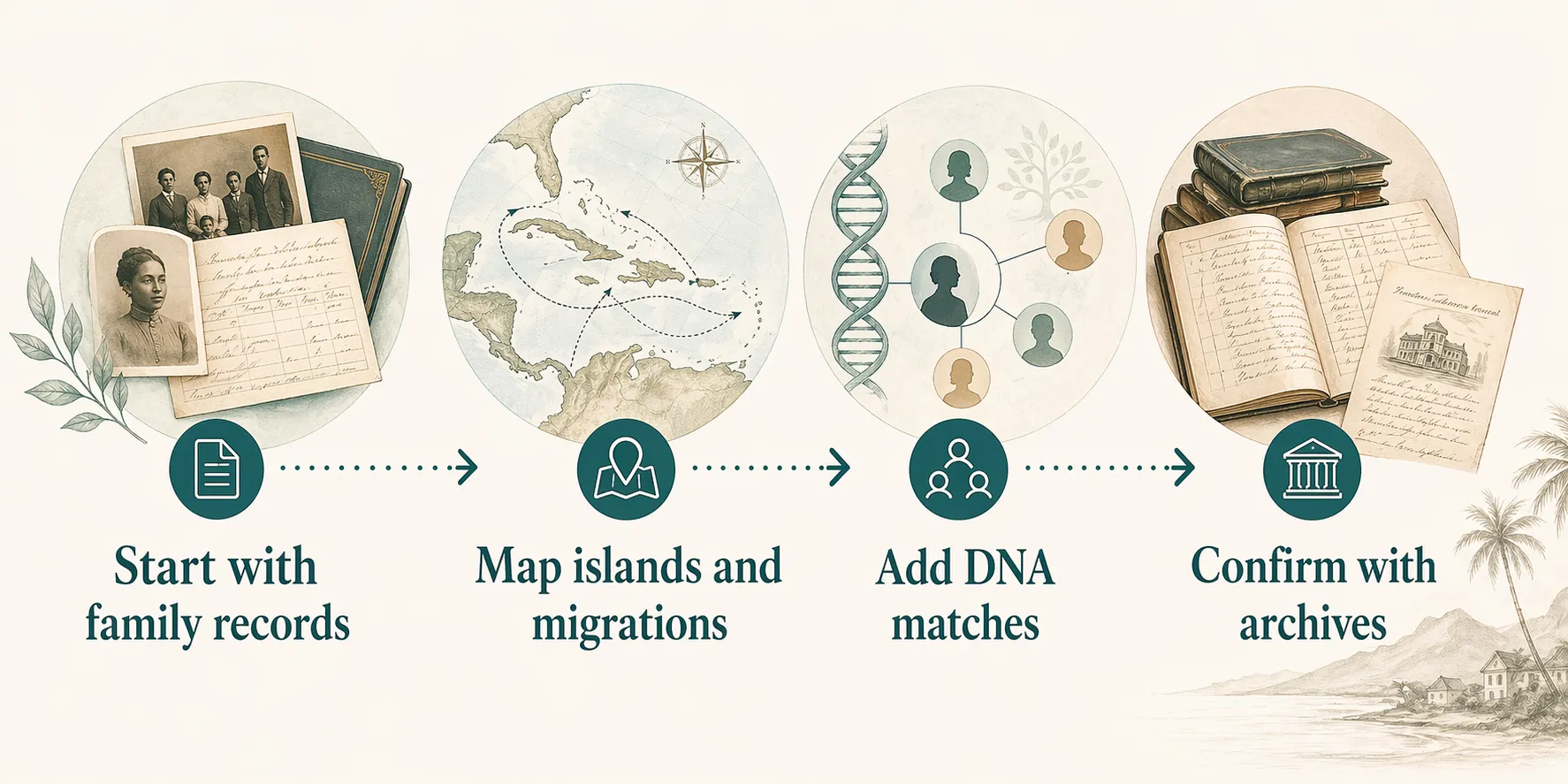 Research path showing how family records, migration history, DNA matches, and archives work together in Caribbean ancestry tracing