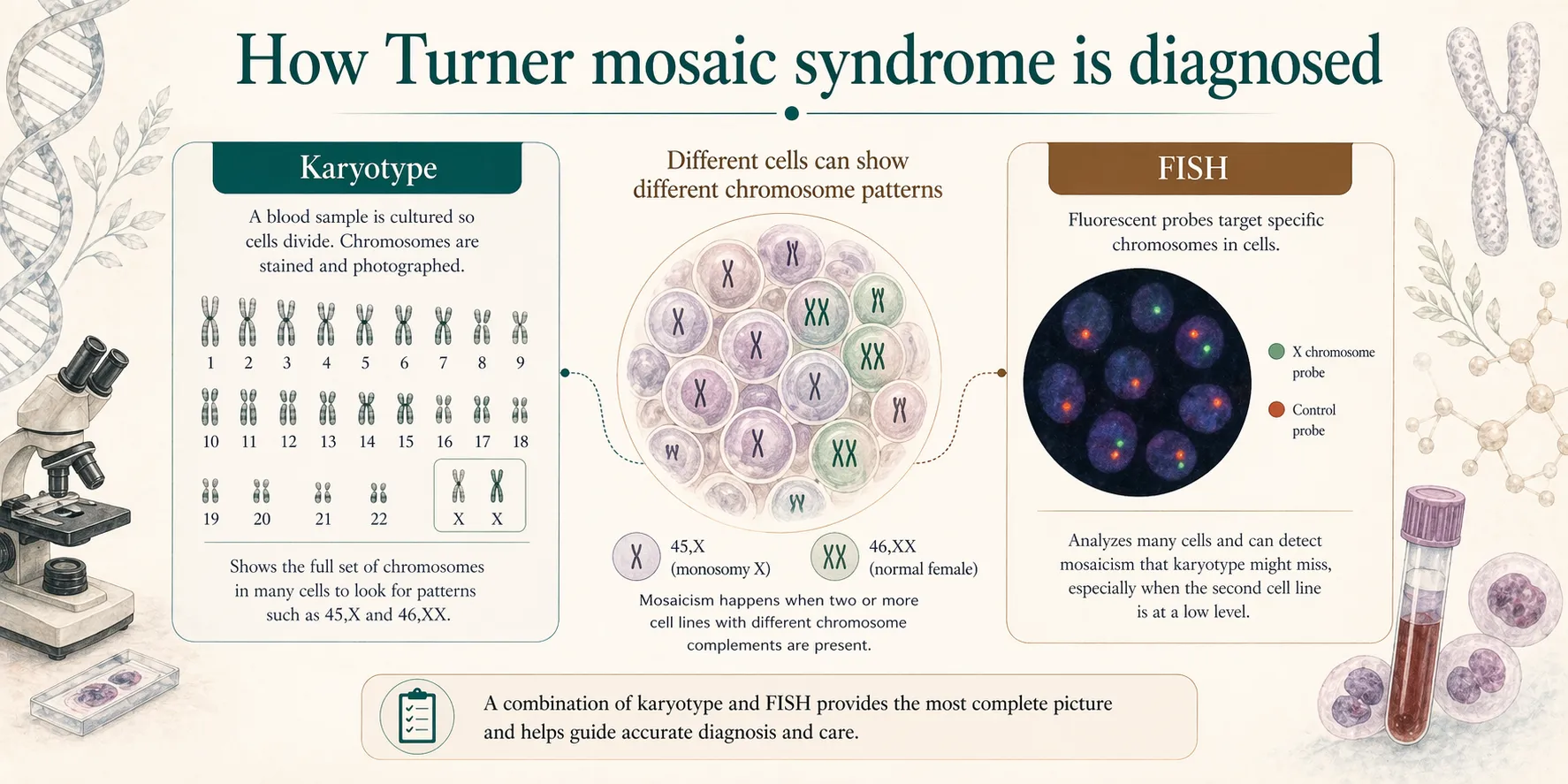 Diagnostic explainer comparing karyotype and FISH for Turner mosaic syndrome.
