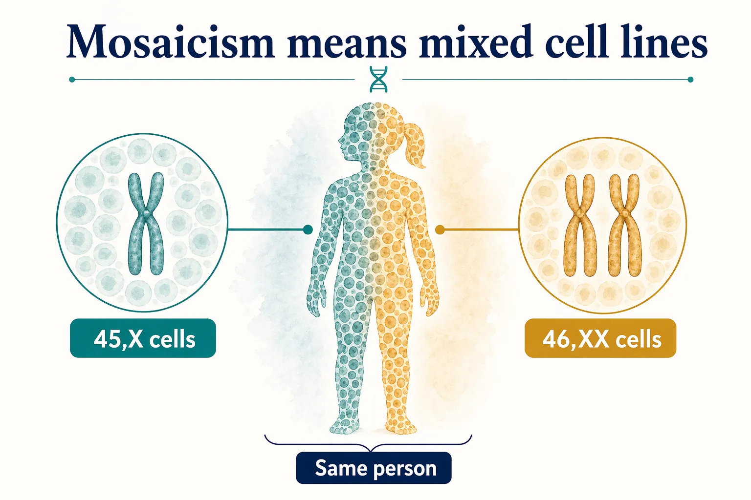 Turner mosaic syndrome graphic showing 45,X cells and 46,XX cells in the same person.