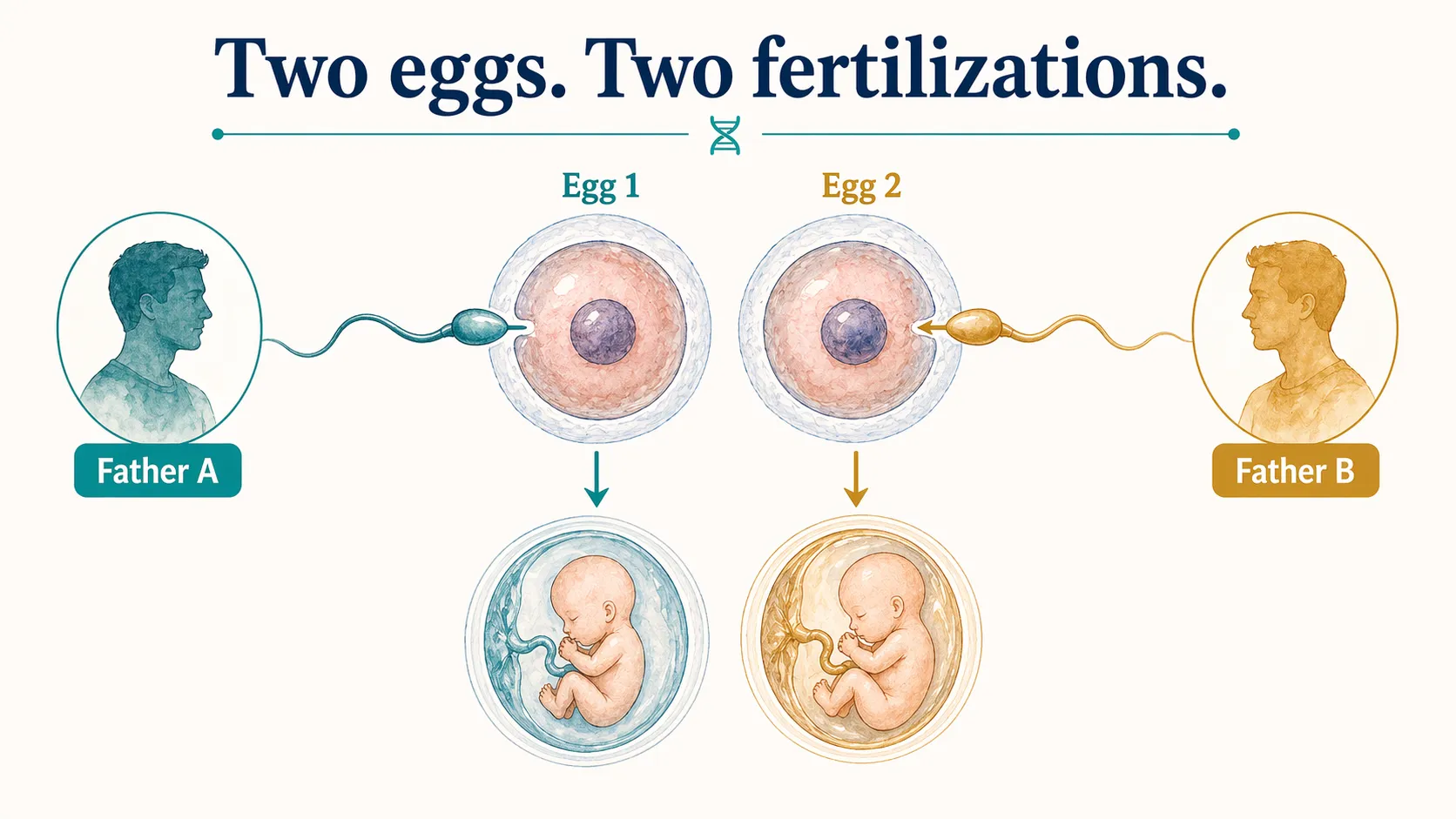 Superfecundation graphic showing two eggs fertilized separately by sperm from two different fathers.
