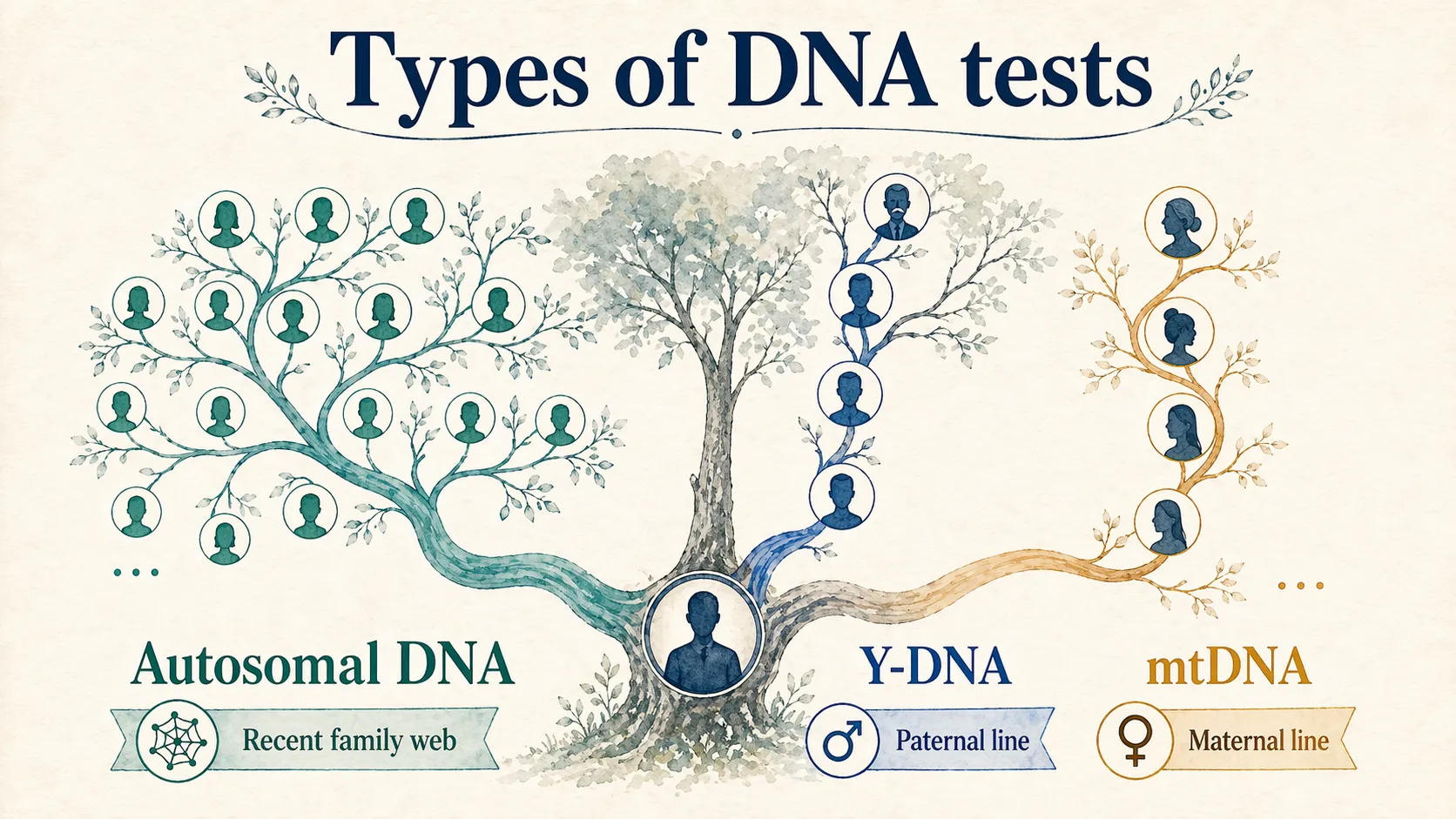 Family-tree infographic comparing autosomal DNA, Y-DNA, and mtDNA lineage paths.