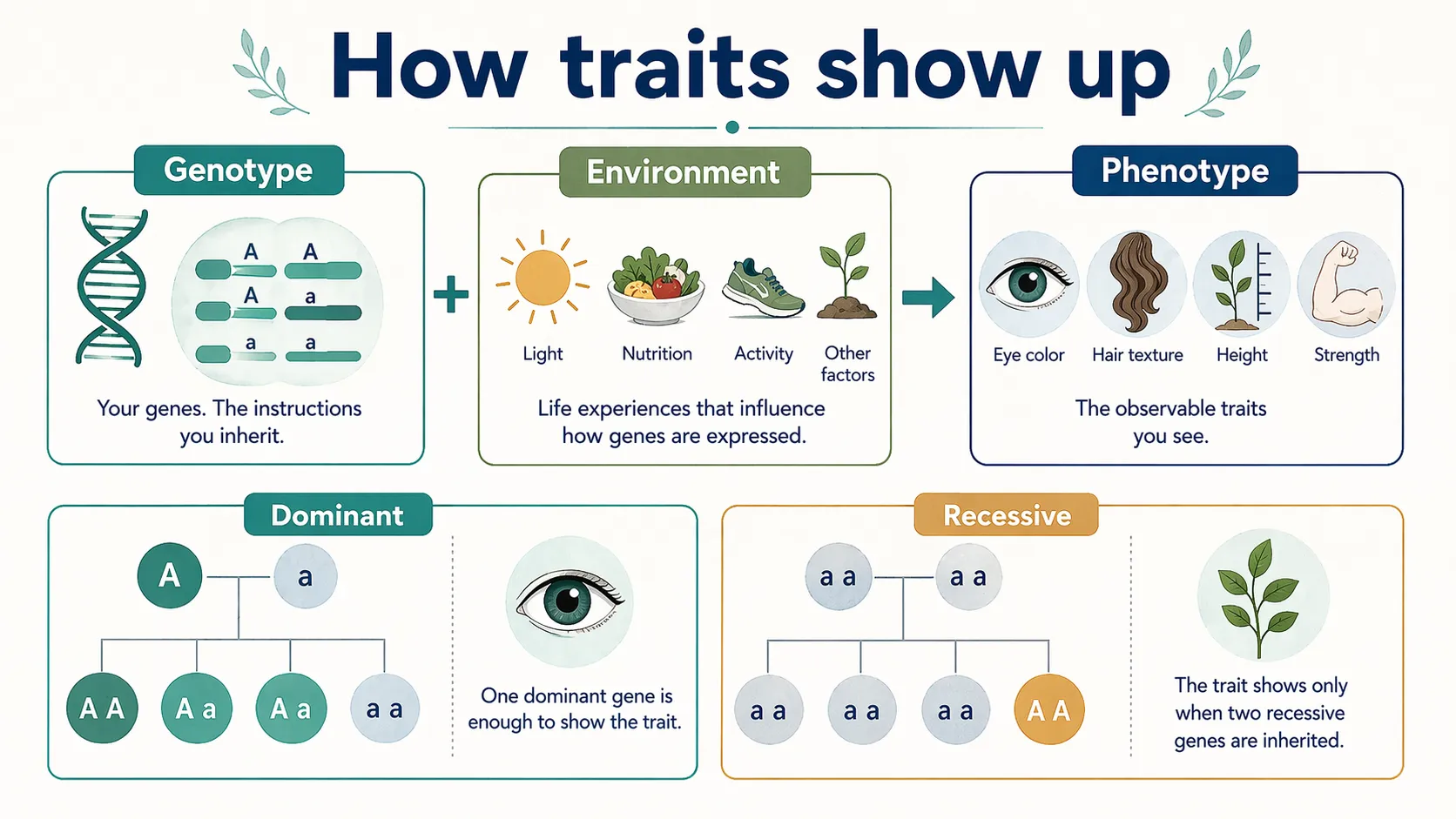 Infographic explaining how genotype and environment influence phenotype, with dominant and recessive trait examples.