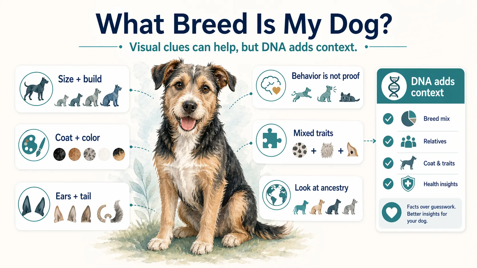 Mixed-breed dog explainer showing visual clues such as size, coat, ears, behavior limits, and where DNA adds context.