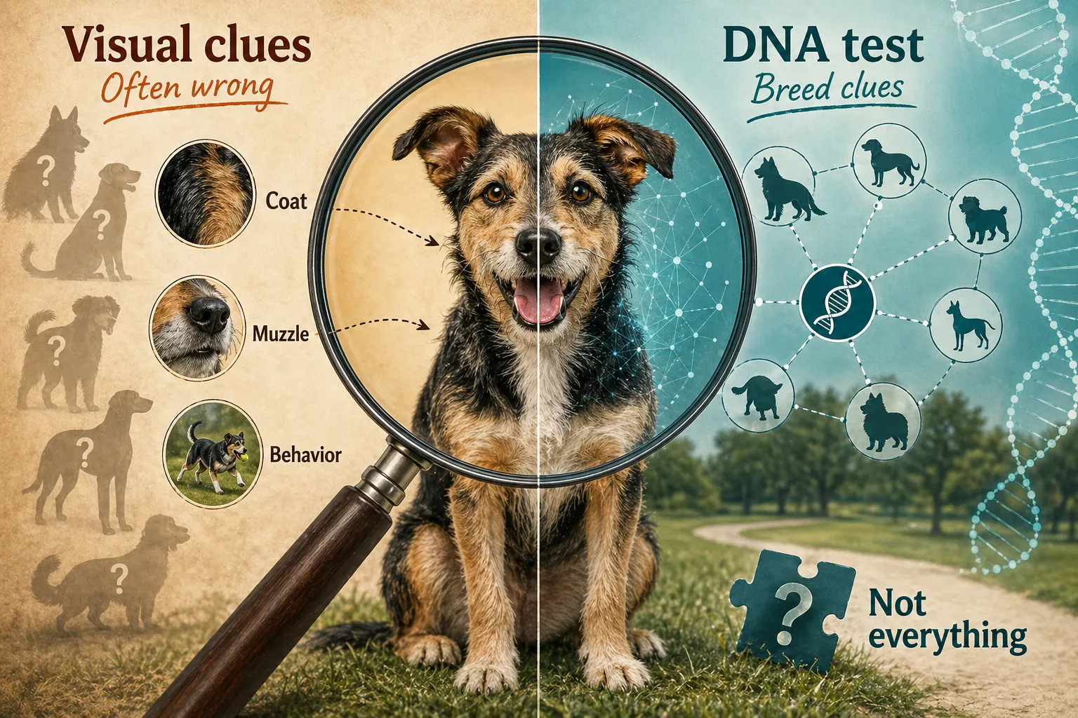 Mixed-breed dog guide comparing uncertain visual clues with DNA breed clues and showing that a test still cannot explain everything.