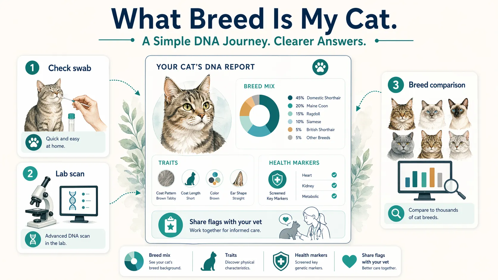 Cat DNA workflow showing swab collection, lab scan, breed comparison, and a report with breed mix, traits, and health markers.