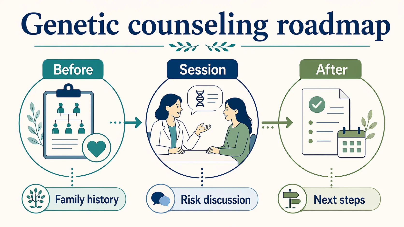 Genetic counseling roadmap infographic showing before, session, and after steps including family history, risk discussion, and next steps.
