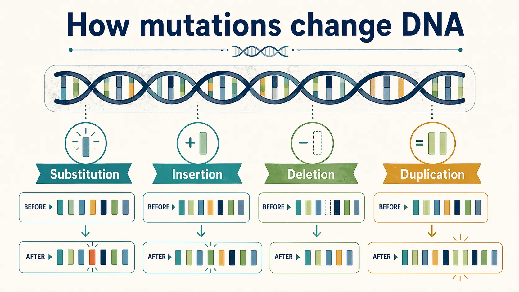 Infographic showing substitution, insertion, deletion, and duplication as common ways mutations can change DNA.