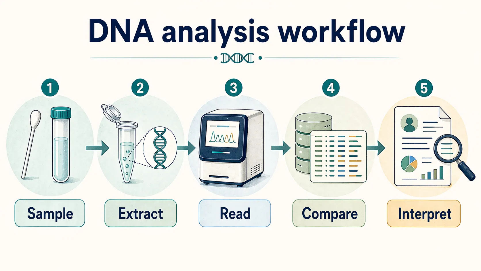 DNA analysis workflow infographic showing sample collection, extraction, reading, comparison, and interpretation.