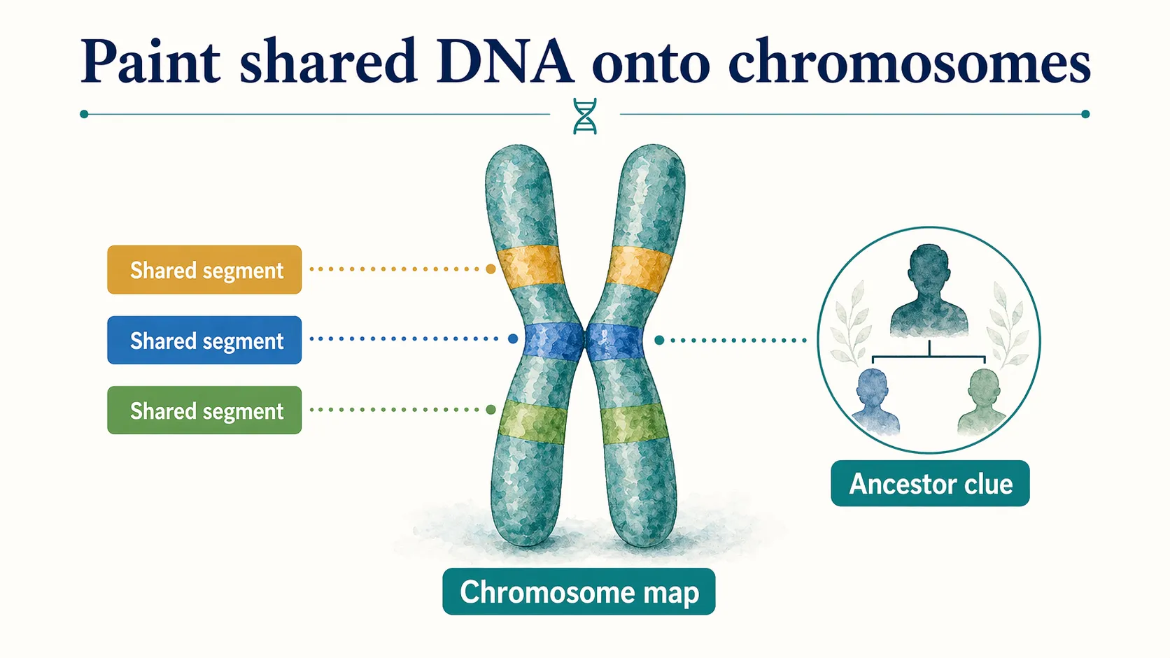 DNA Painter graphic showing shared DNA segments painted onto a chromosome map.