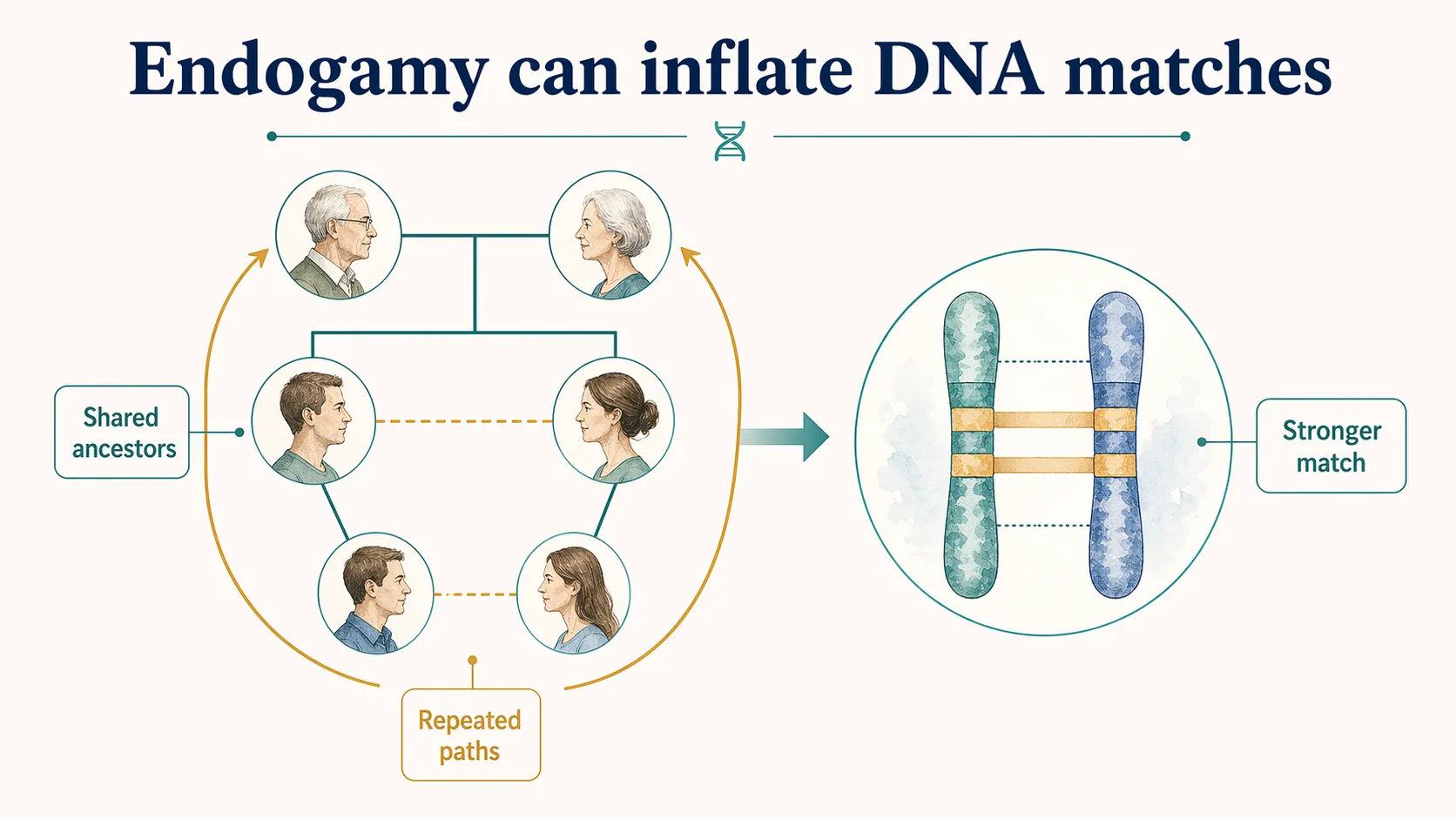 Endogamy graphic showing repeated ancestor paths increasing the strength of DNA matches.