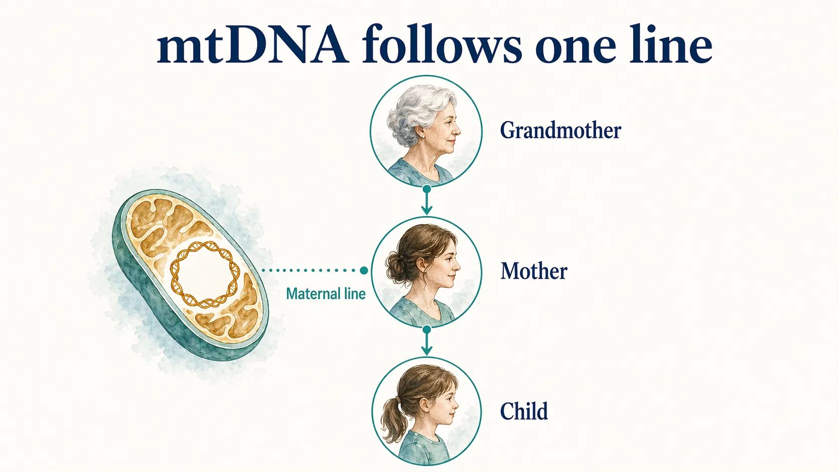 Mitochondrial DNA graphic showing inheritance through the maternal line from grandmother to mother to child.