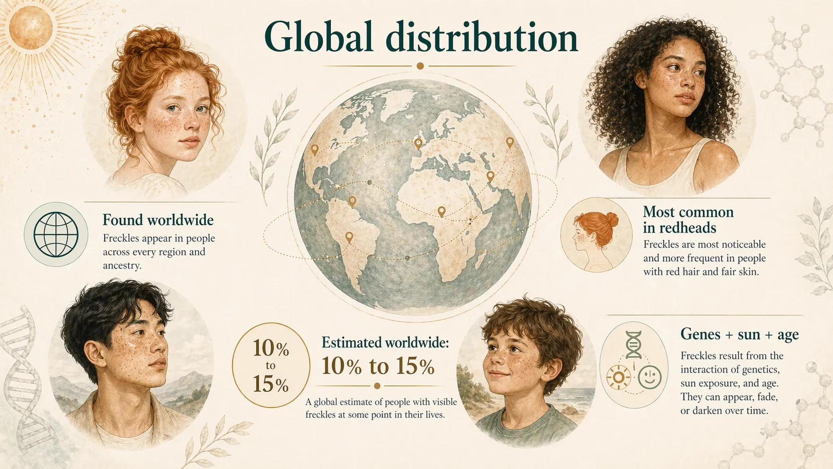 Global freckles infographic showing a broad worldwide estimate and the roles of genes, sun, and age.