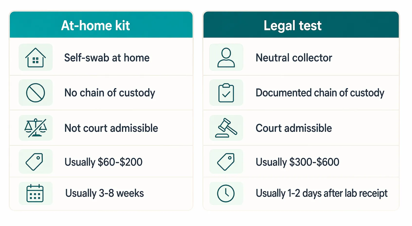 Comparison of at-home and legal paternity tests across chain of custody, court use, cost, and timing
