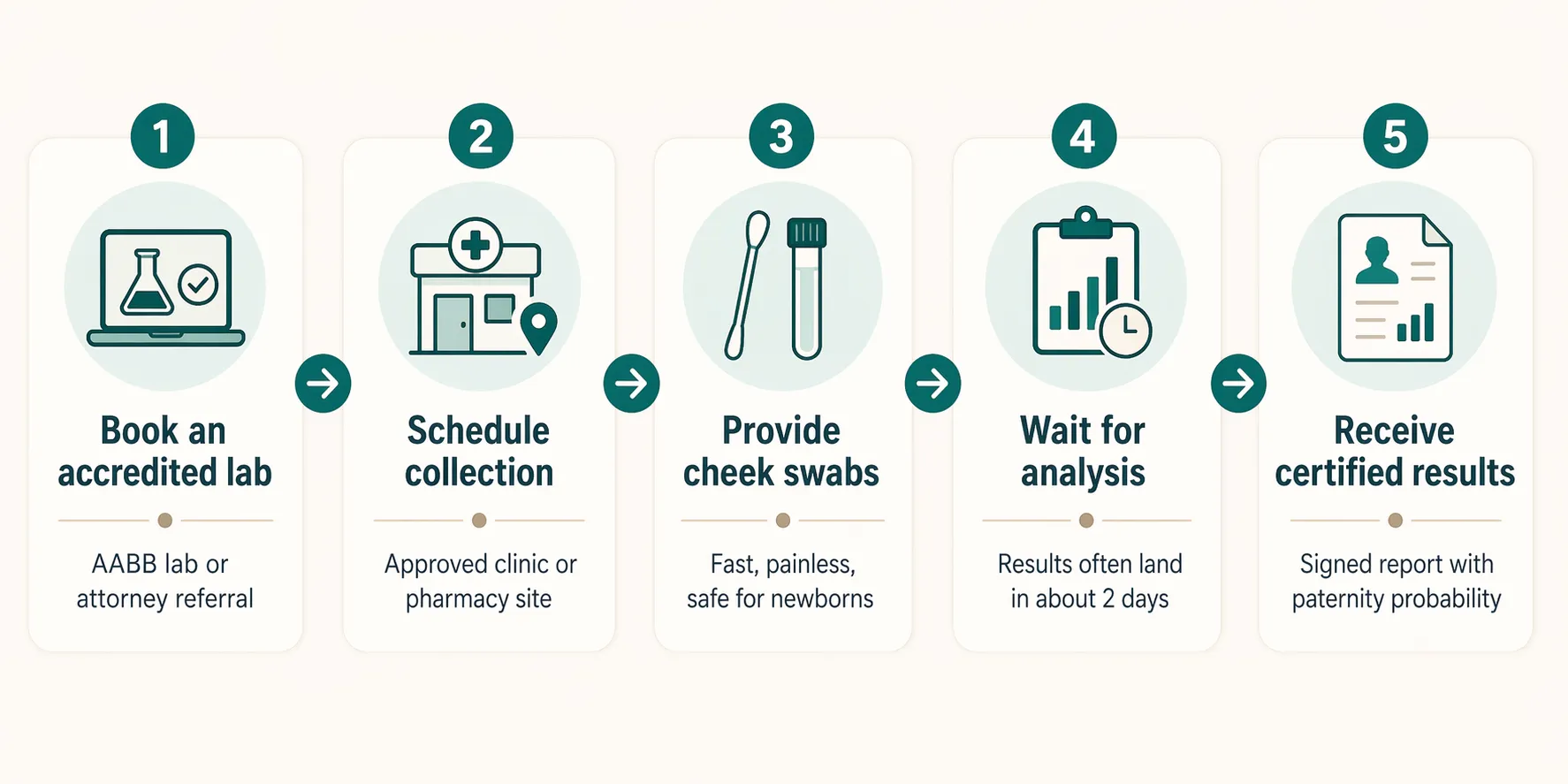 Five-step legal paternity testing workflow from accredited booking to certified results