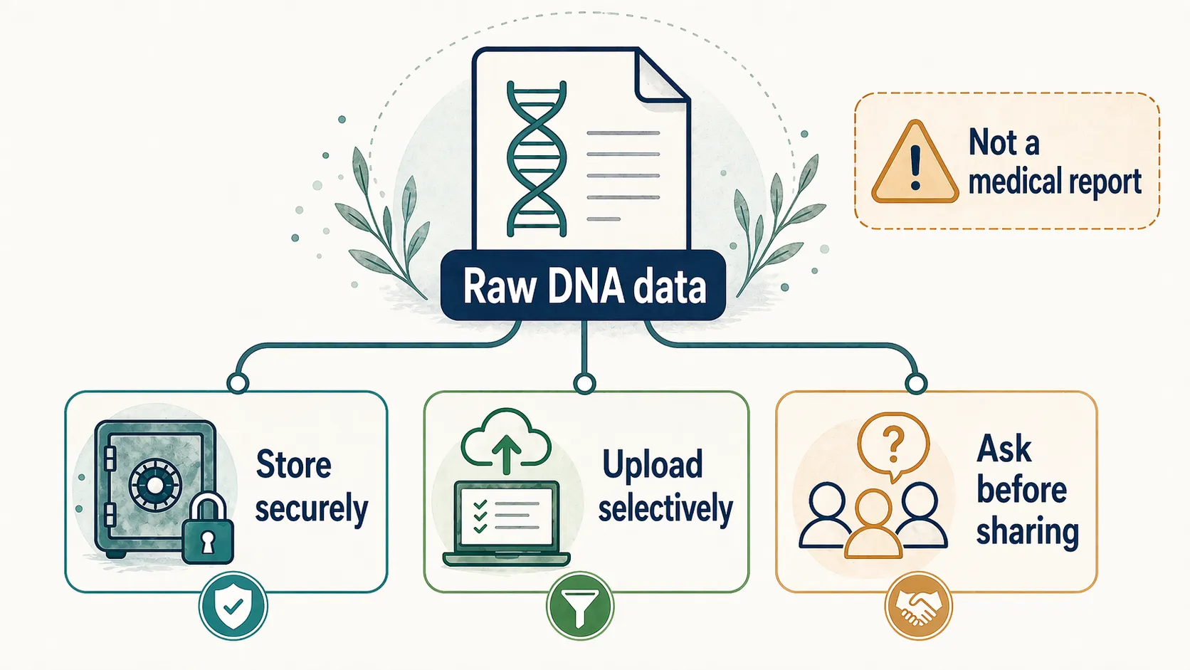 Infographic showing raw DNA data as a sensitive file to store securely, upload selectively, and avoid treating as a medical report.