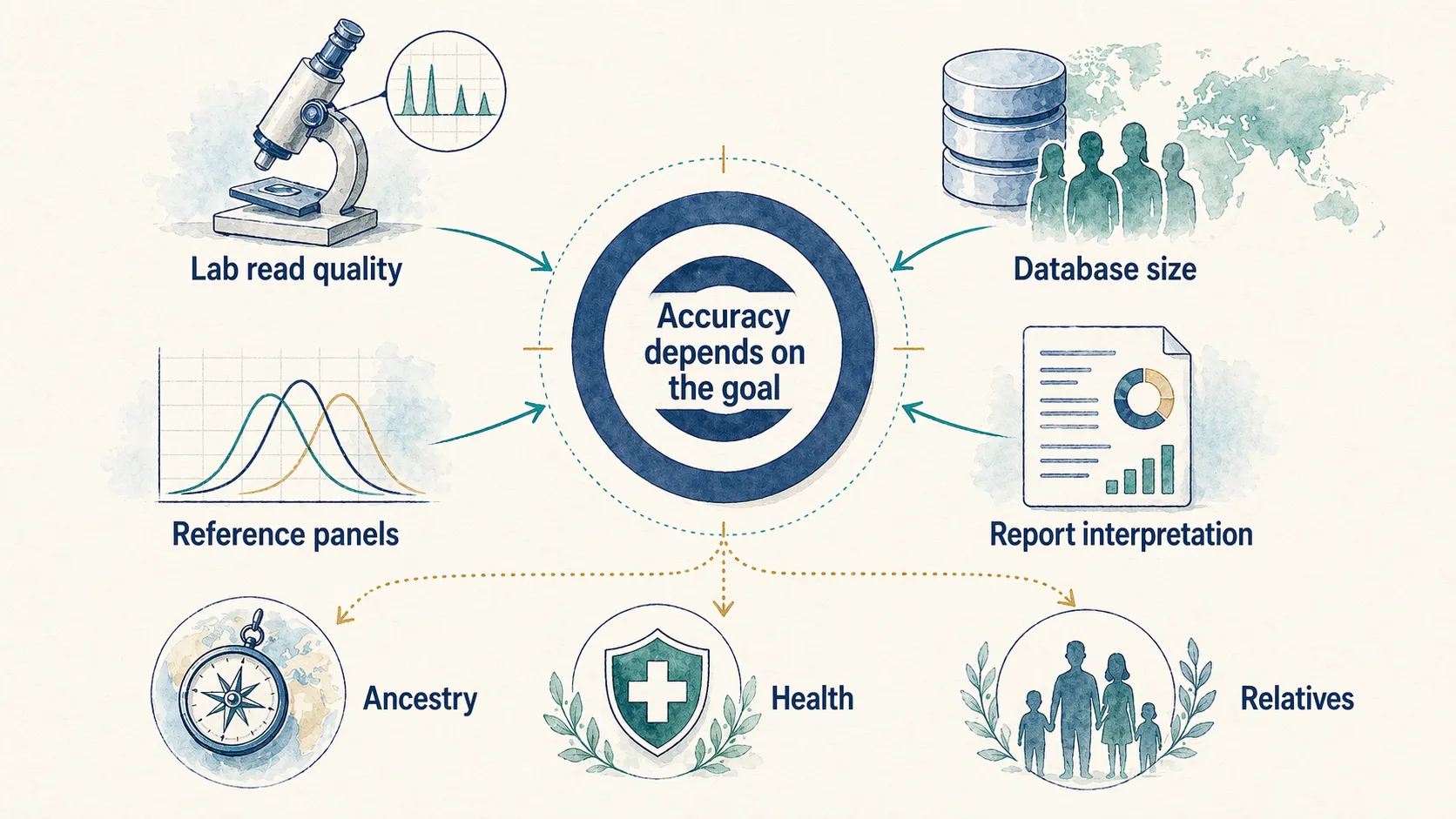 Accuracy infographic showing that lab quality, database size, reference panels, and interpretation all affect DNA test usefulness.