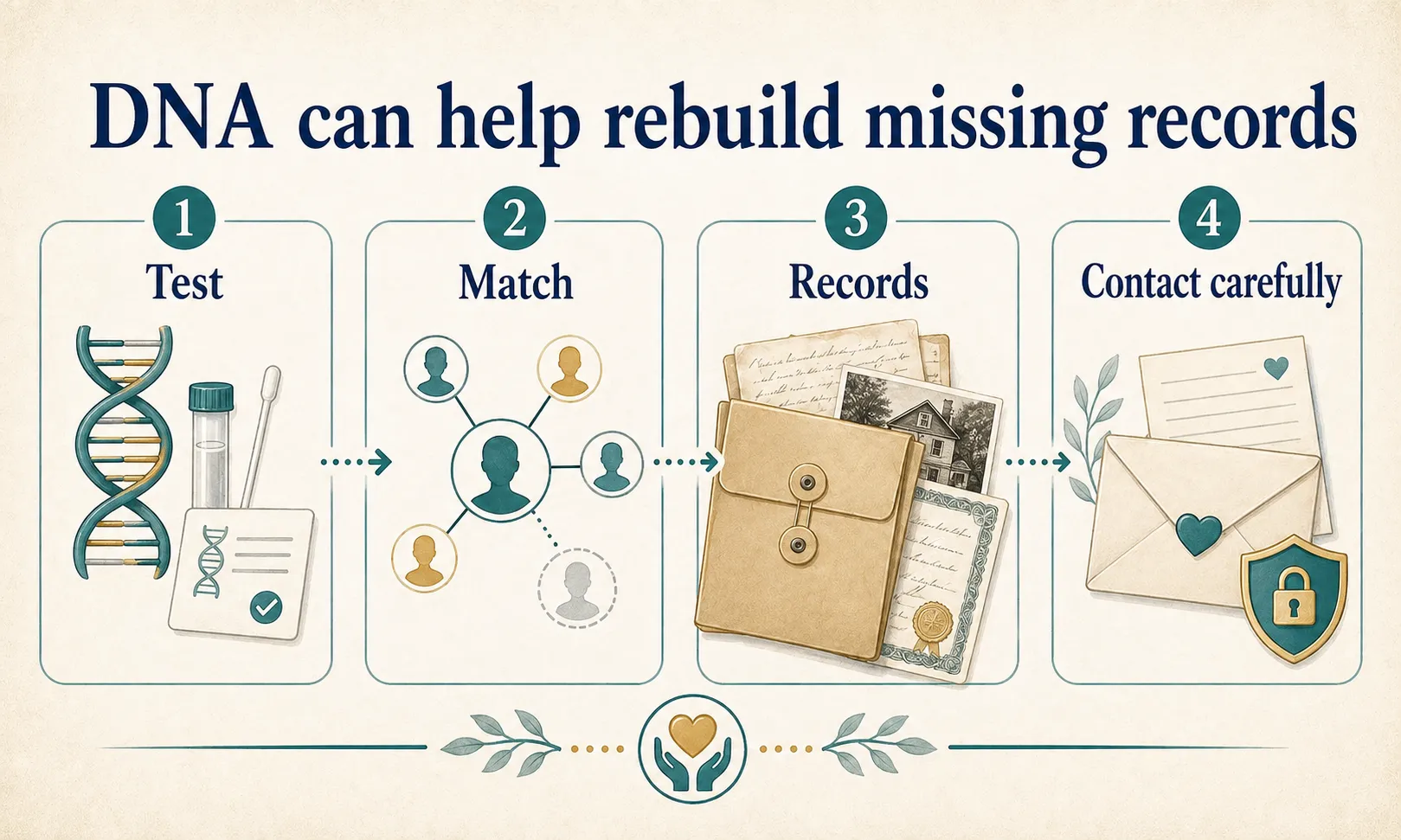Sensitive DNA search graphic showing testing, matching, records, and careful contact for missing family records.