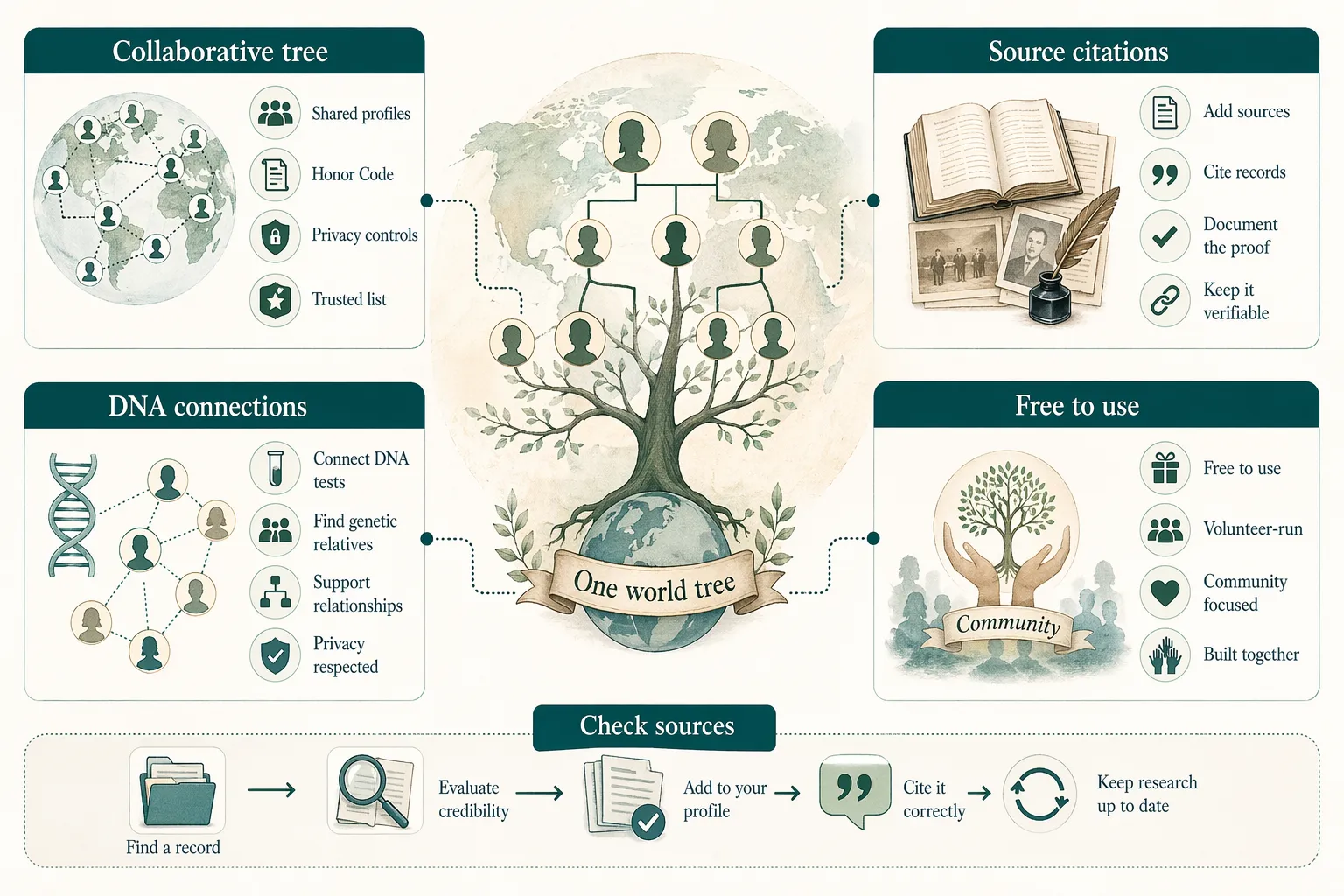 Feature map showing WikiTree's collaborative tree, privacy controls, source citations, DNA connections, and free volunteer-run model.