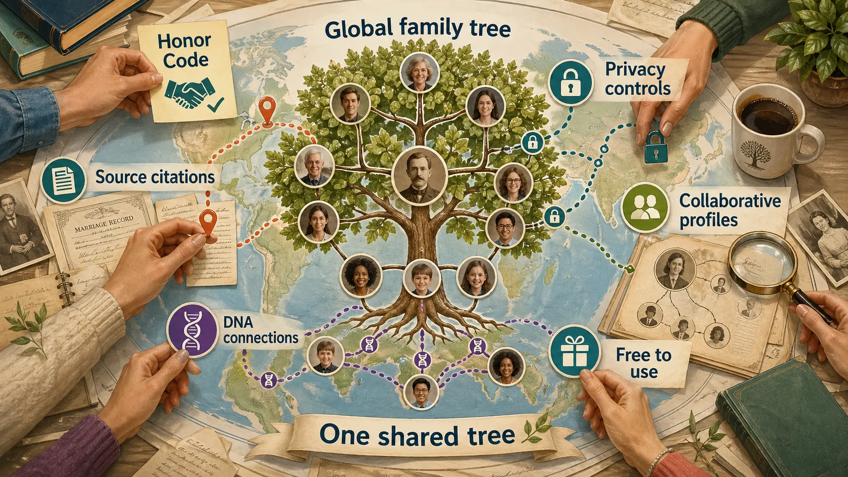 WikiTree shared-tree workspace showing the global family tree, Honor Code, source citations, privacy controls, collaborative profiles, DNA connections, free use, and one shared tree.