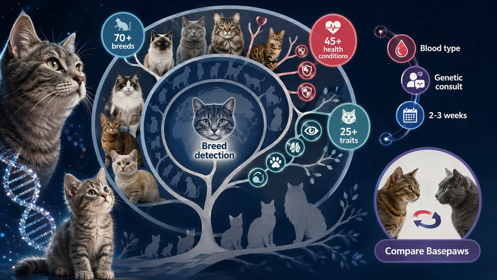 Wisdom Panel for Cats family tree showing breeds, health conditions, traits, blood type, genetic consult, turnaround, breed detection, and Basepaws comparison.